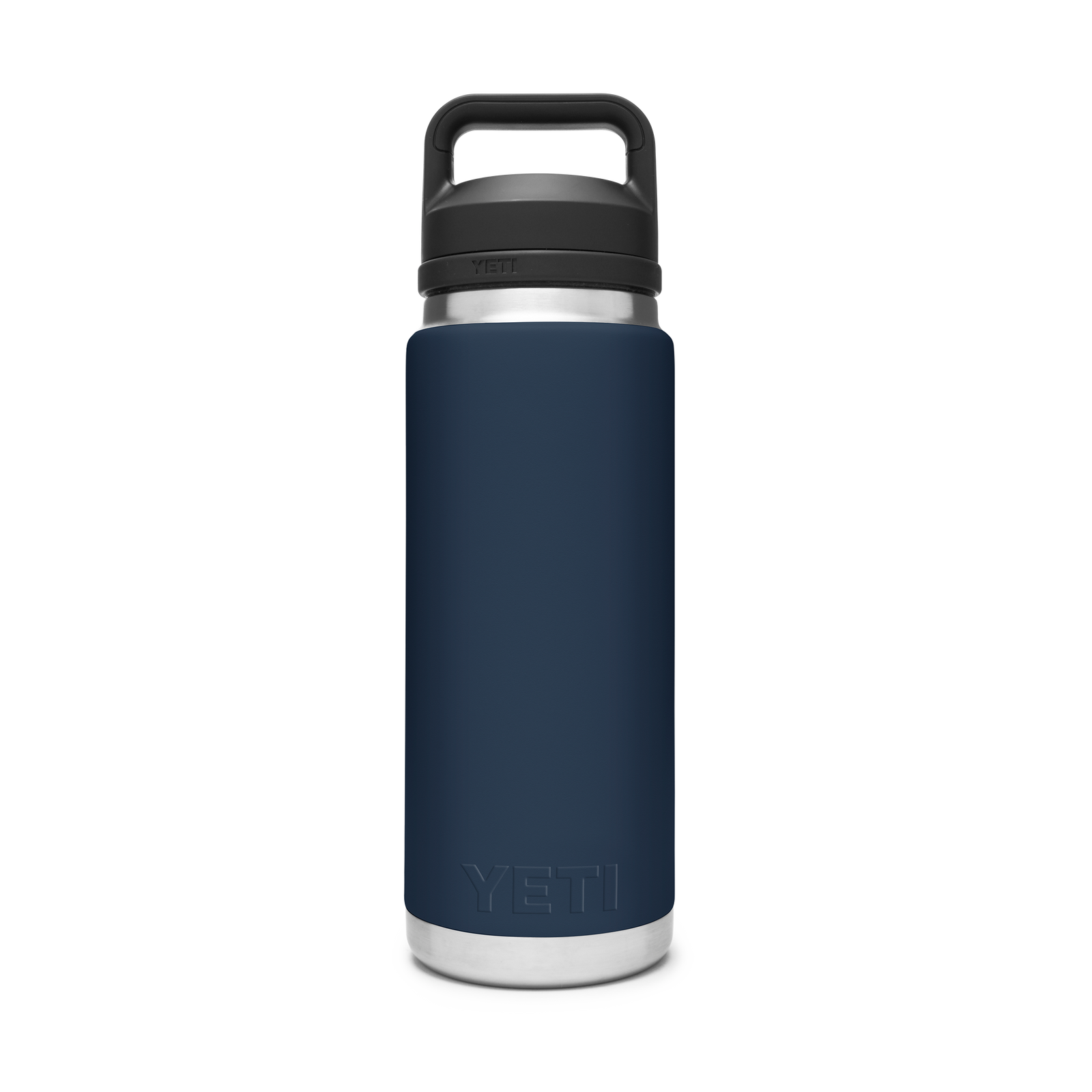 Eine YETI® Flasche Rambler 26 Oz in navy mit silbernem Boden und schwarzem Schraubdeckel mit Tragegriff, abgebildet auf einem schlichten weißen Hintergrund.