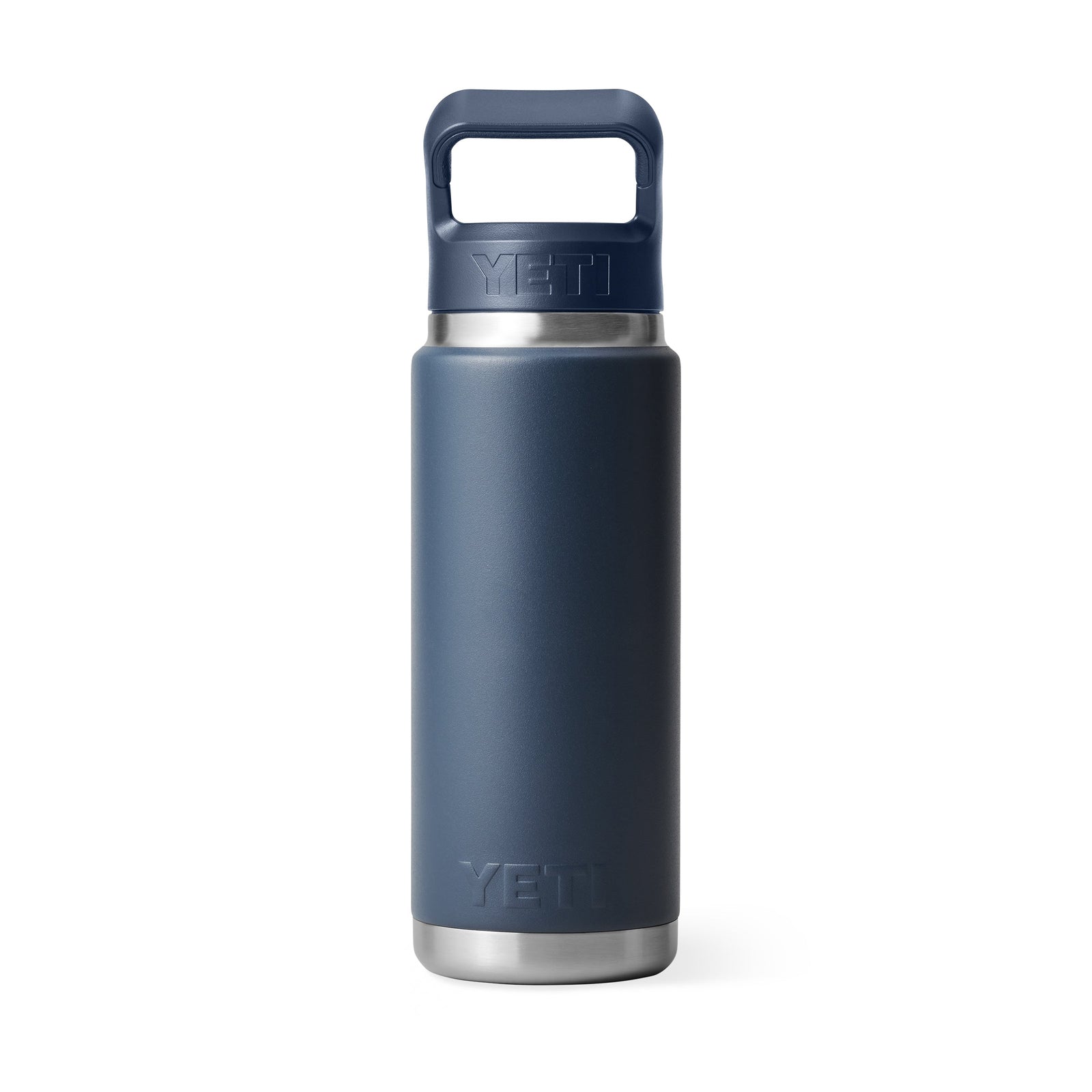 Eine YETI® Flasche Rambler 26 Oz Straw - Marinefarbene Edelstahl-Wasserflasche mit breiter Öffnung, stabilem Deckelgriff und Strohhalm-Zubehör von YETI, dargestellt vor einem weißen Hintergrund.