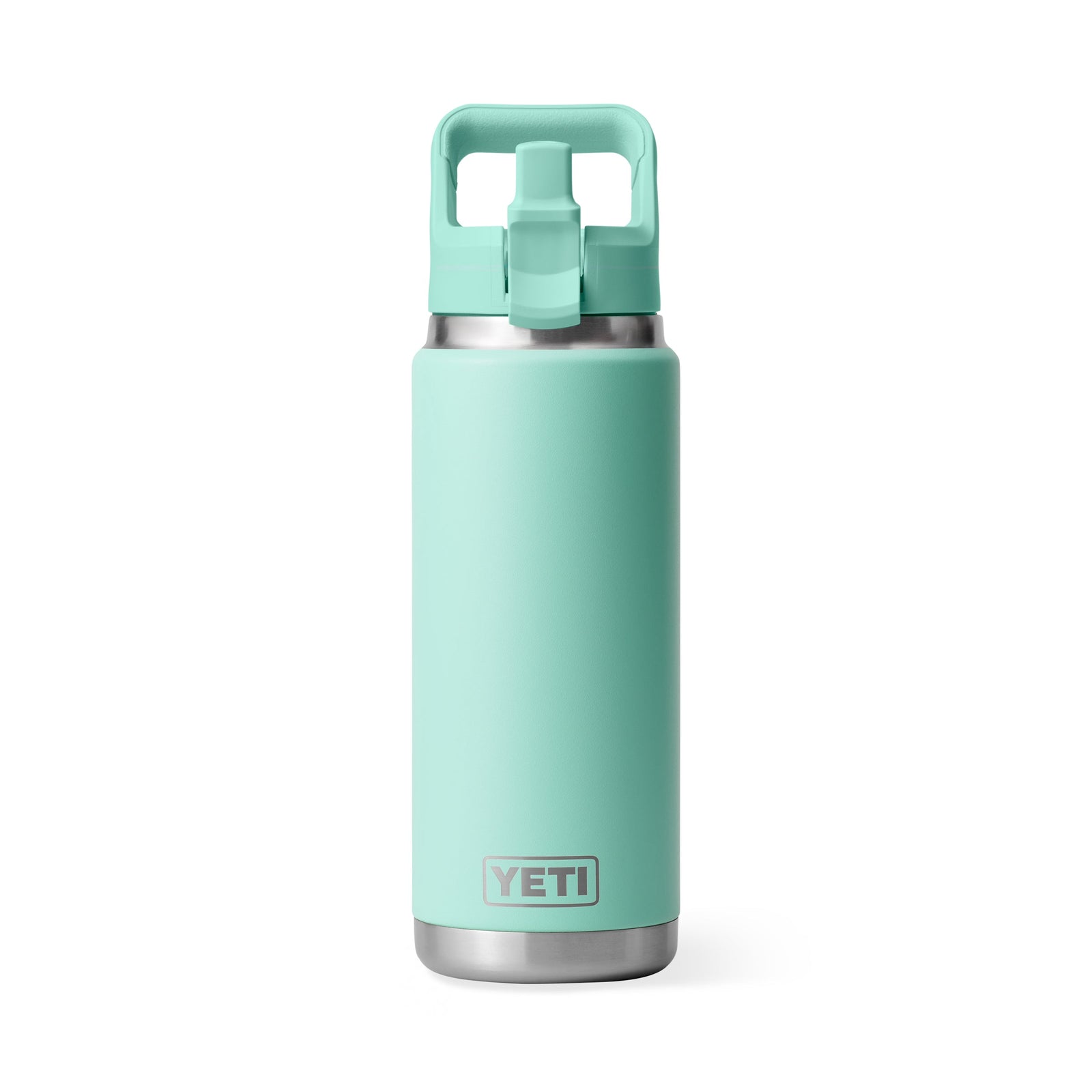 Eine YETI® Flasche Rambler 26 Oz Straw in Seafoam, isolierter Edelstahl mit einem Griff und Trinkhalmdeckel, aufrecht vor einem schlichten weißen Hintergrund.