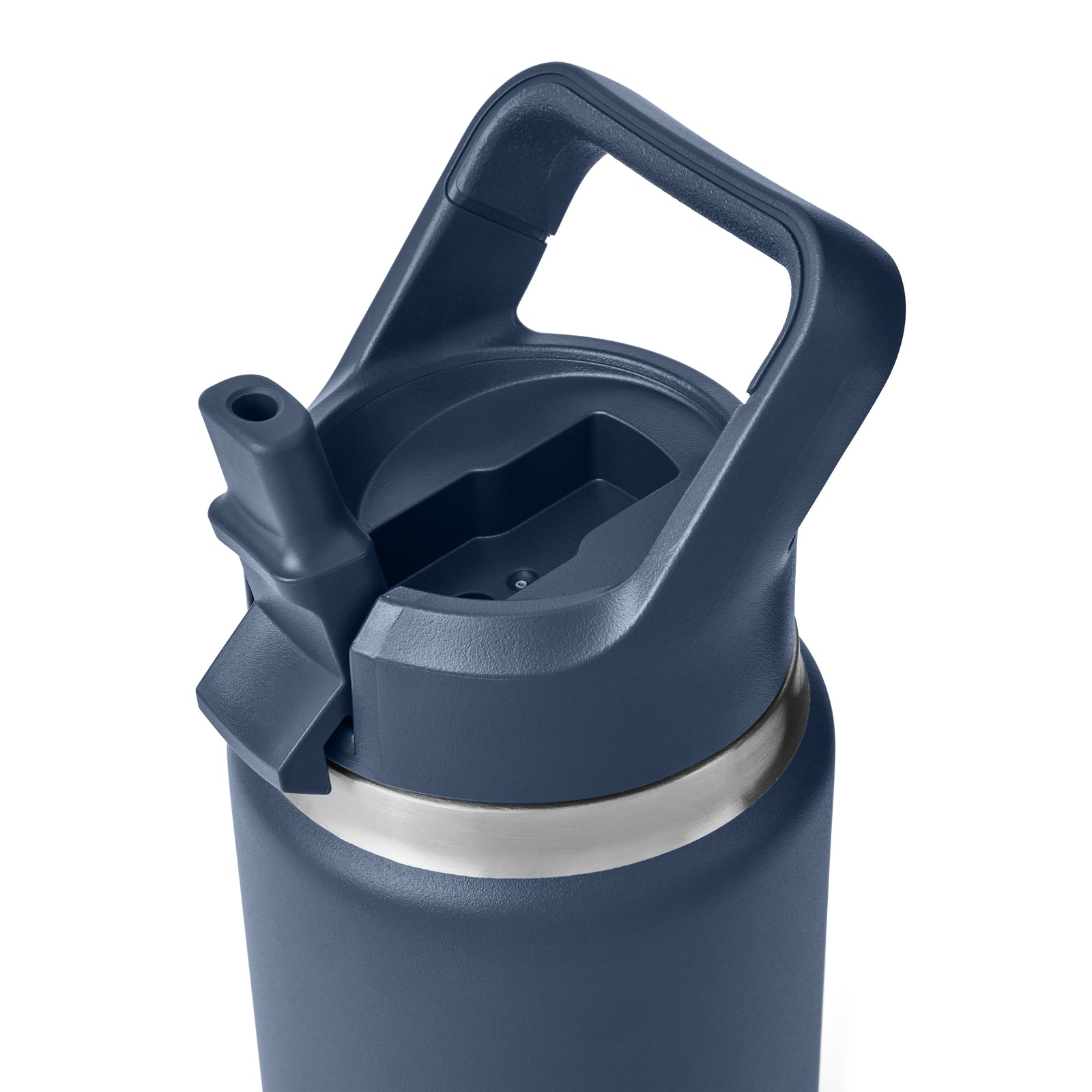 Die YETI® Flasche Rambler JR 12 Oz Straw Bottle in Navy, eine dunkelblaue Edelstahlflasche mit stabilem Griff und aufklappbarem Strohhalmdeckel, ist von oben auf weißem Hintergrund zu sehen.