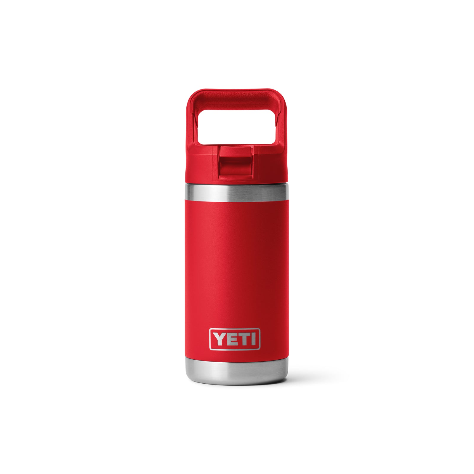 Die YETI® Flasche Rambler JR 12 Oz Straw Bottle in Rescue Red mit stabilem Griff und silbernem Boden steht aufrecht auf weißem Hintergrund.