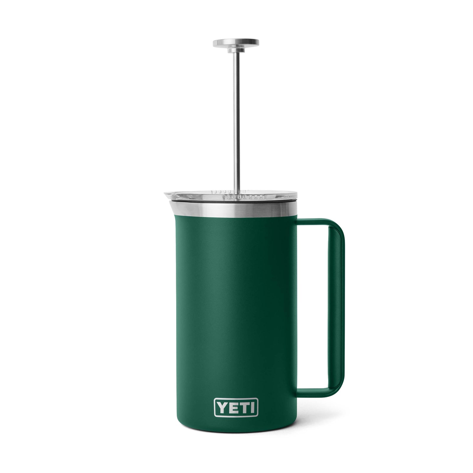 Die YETI® French Press 34 Oz in Black Forest Green ist eine vakuumisolierte Kaffeepresse aus Edelstahl mit einem stabilen Griff, einem Edelstahlkolben und -deckel sowie dem YETI-Branding auf weißem Hintergrund.