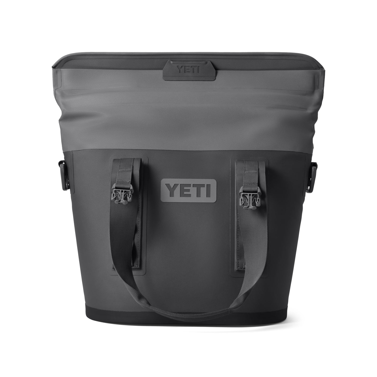 Die YETI® Hopper M15 Soft Cooler in Anthrazit mit Reißverschluss, zwei Griffen an der Vorderseite und verstärkten Seiten ist auf einem schlichten weißen Hintergrund abgebildet.