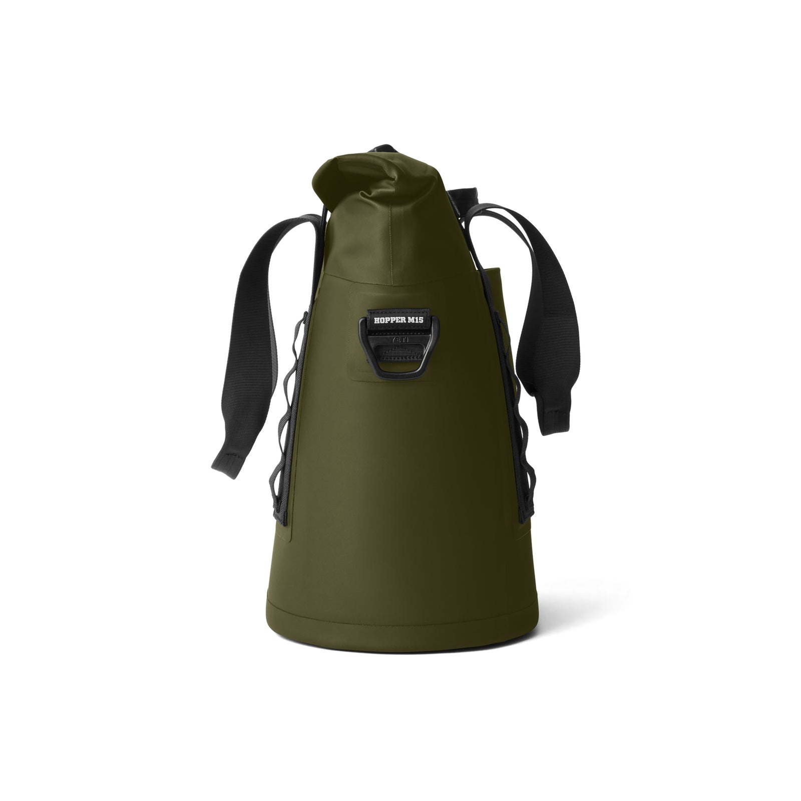 Der YETI® Hopper M15 Soft Cooler in Oliv, mit schwarzen Gurten und MagShield Access, steht aufrecht auf einem schlichten weißen Hintergrund.