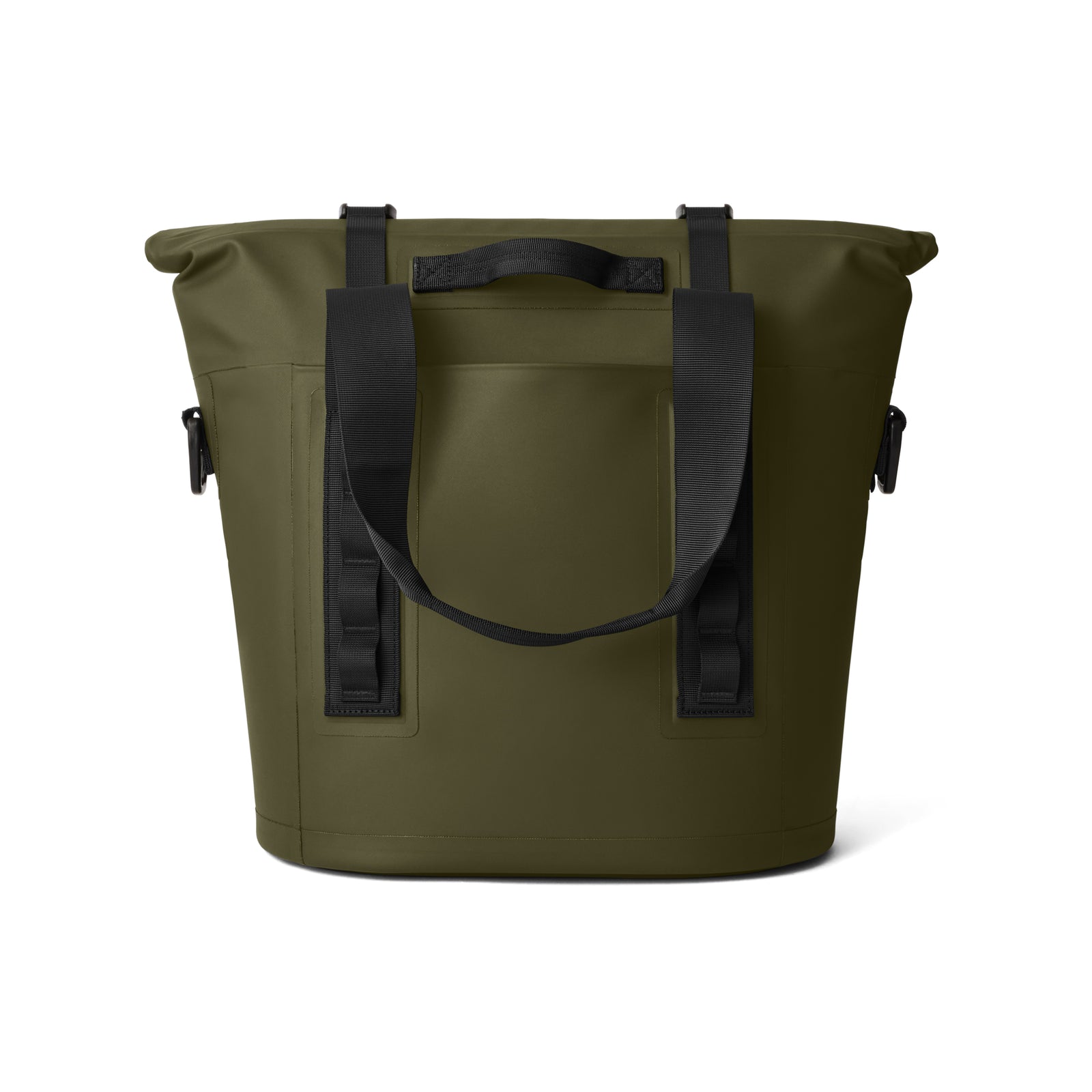 Die YETI® Hopper M15 Soft Cooler in Oliv verfügt über schwarze Gurte, eine rechteckige Vordertasche, einen Rolltop-MagShield-Zugang und eine sichere Aufbewahrung - alles vor einem weißen Hintergrund.