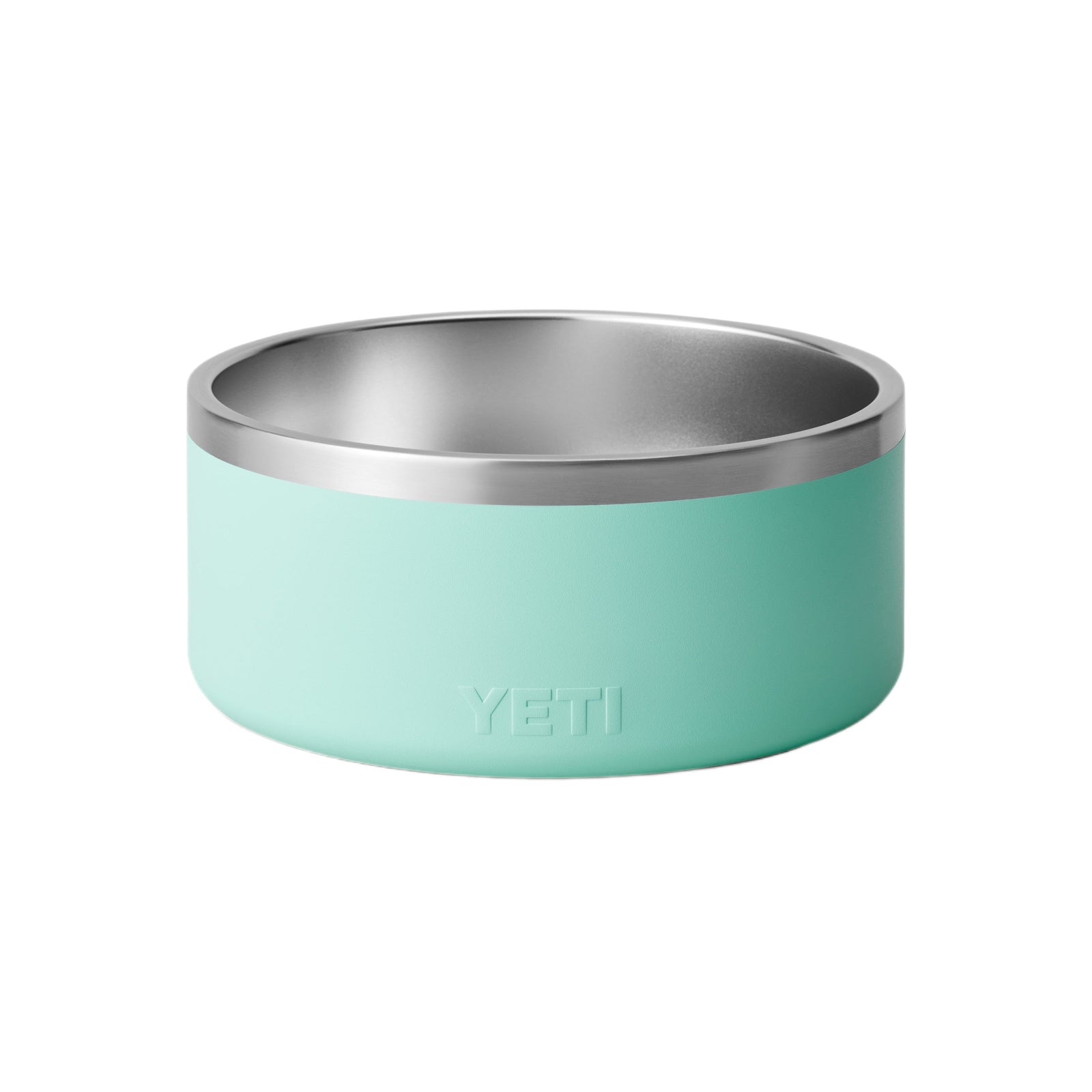 Der YETI® Hundenapf Boomer™ 8 in Seafoam ist aus rostfreiem Stahl gefertigt, hat eine silberfarbene Innenausstattung, ein geprägtes YETI-Logo und einen rutschfesten Napfboden, der auf weißem Hintergrund abgebildet ist.