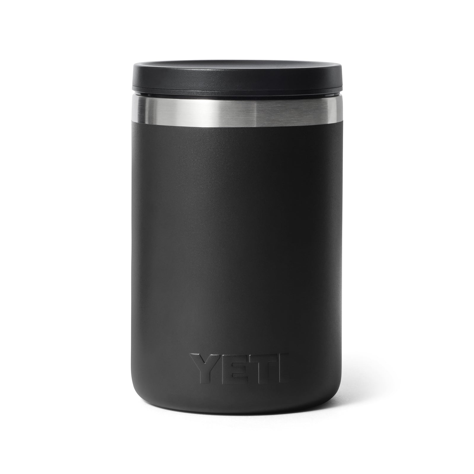 Der YETI® Isolierter Essensbehälter Rambler 16 oz in Schwarz, mit Edelstahlrand, Schraubdeckel und Vakuumisolierung, steht aufrecht vor einem schlichten weißen Hintergrund.