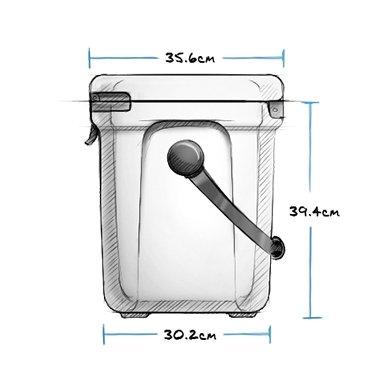 Skizzieren Sie eine Skizze der rechteckigen YETI® Kühlbox Roadie 24 - Weiß mit PermaFrost Isolierung: Oben 35,6 cm breit, unten 30,2 cm und 39,4 cm hoch, mit einem Frontgriff.