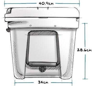 Skizze der YETI® Kühlbox Tundra 35 - Tan mit Deckel, Seitenverriegelung und Frontklappe. Mit den Maßen 40,9 cm (B) x 28,6 cm (H) x 34 cm (T) ist sie perfekt für Campingfans, die robuste Aufbewahrungslösungen benötigen.