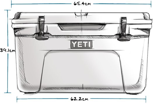 Skizze der YETI® Kühlbox Tundra 45 - Wetlands Camo mit den Maßen: 65,4 cm breit, 39,1 cm hoch und 62,2 cm Bodenlänge, mit einem Frontverschluss und YETI-Branding auf der Vorderseite.