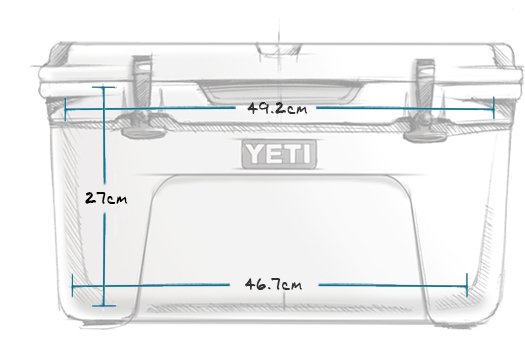 Eine Skizze der YETI® Kühlbox Tundra 45 - Wetlands Camo zeigt drei Maße: Breite oben 49,2 cm, Breite unten 46,7 cm und Höhe 27 cm. Die Premium-Kühlbox hat ein zentriertes YETI-Logo auf der Vorderseite.