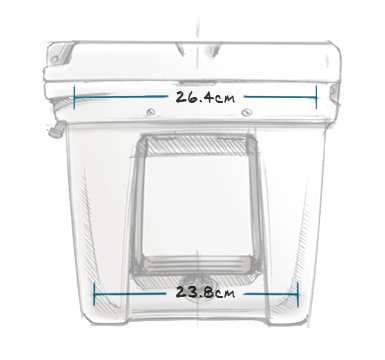 Eine Skizze der YETI® Kühlbox Tundra 45 - Wetlands Camo zeigt zwei Breitenmaße: 26,4 cm an der oberen und 23,8 cm an der unteren Öffnung.