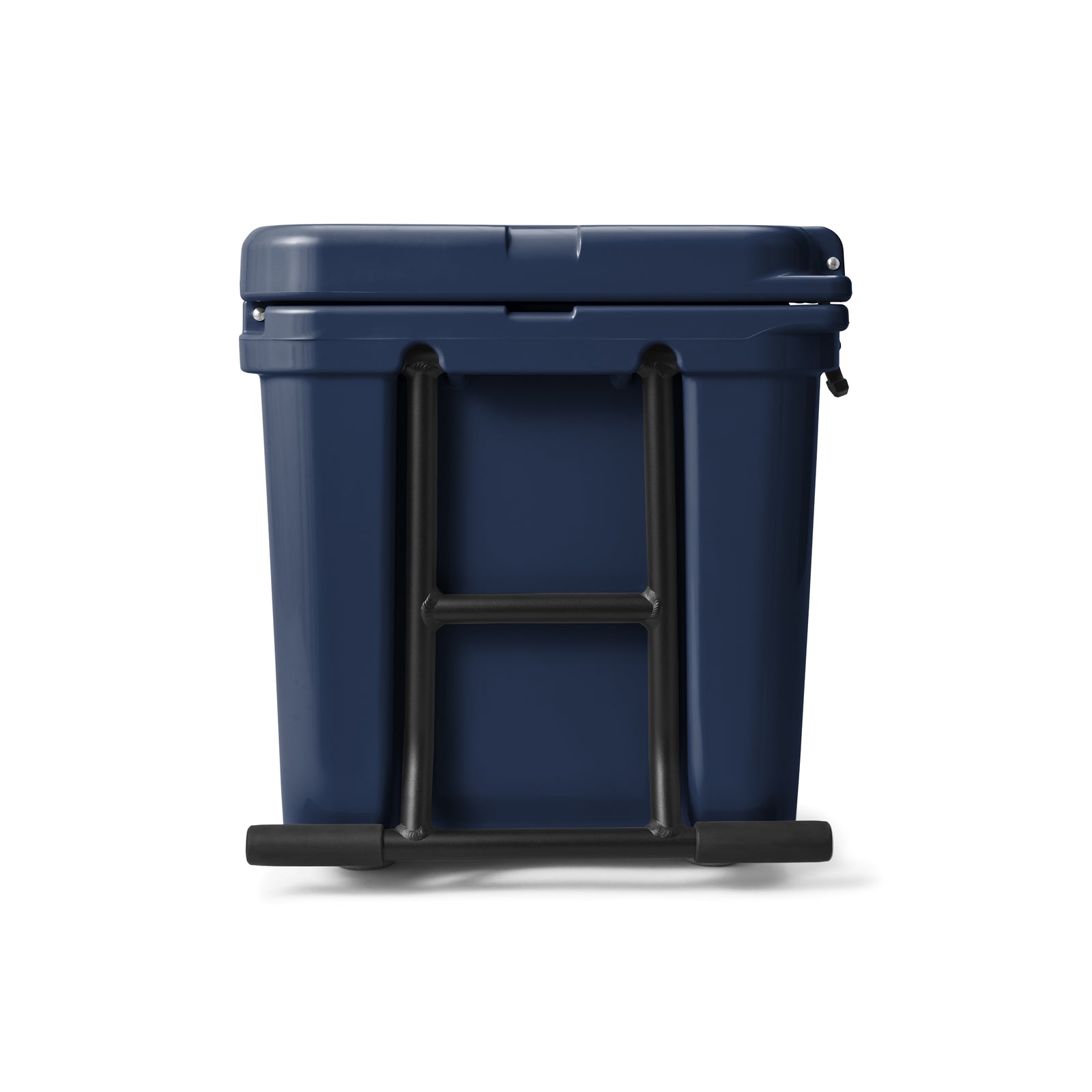 Eine YETI® Kühlbox Tundra Haul in Navy mit schwarzem Griff und Rädern ist von vorne vor einem weißen Hintergrund abgebildet.