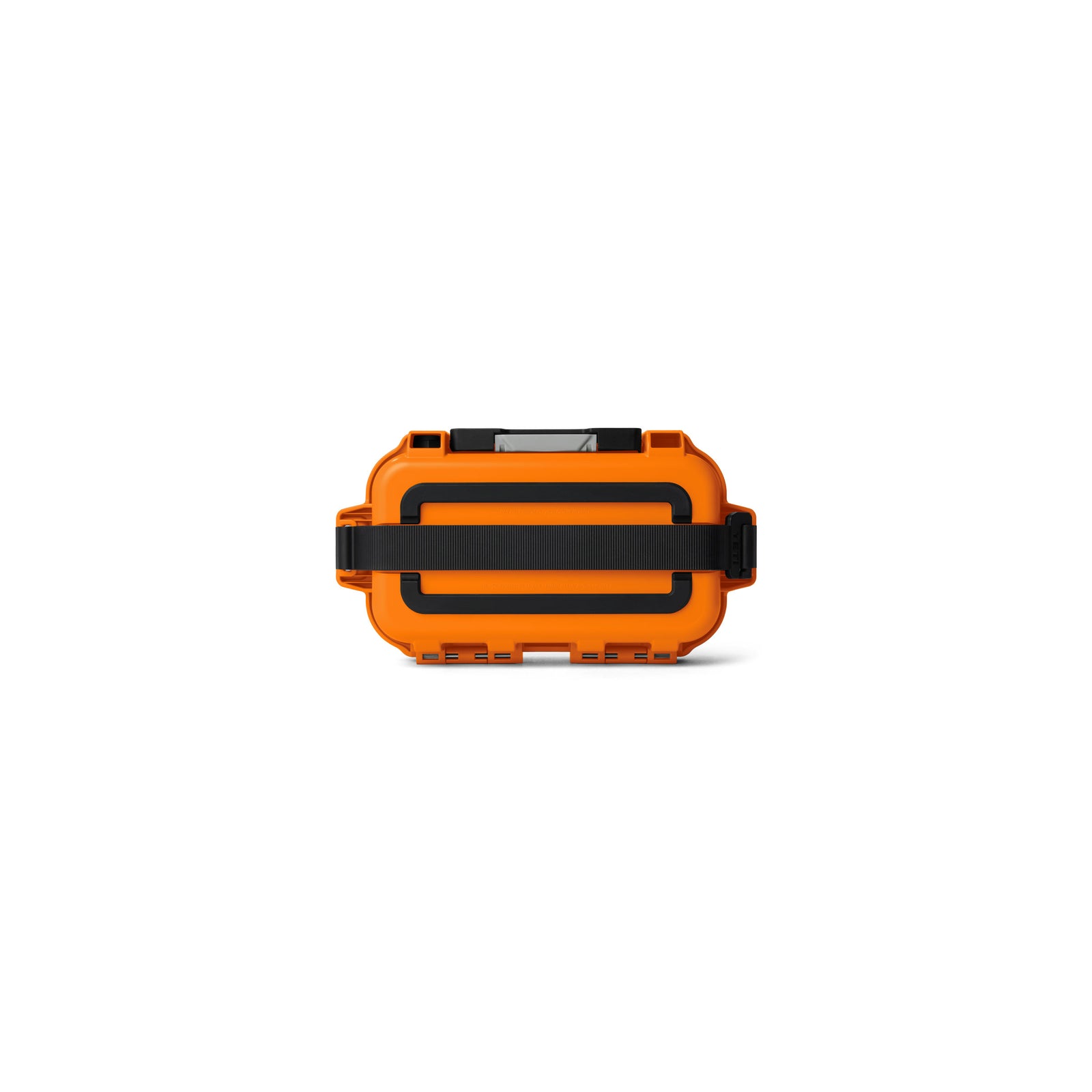 Die YETI® LoadOut GoBox 1 Ausrüstungsbox - King Crab ist eine rechteckige orange-schwarze Hartplastikbox mit Sicherheitsverschluss und schwarzem Band, abgebildet auf einem schlichten weißen Hintergrund. Perfekt als Outdoor Aufbewahrungsbox für Ihre Ausrüstung.