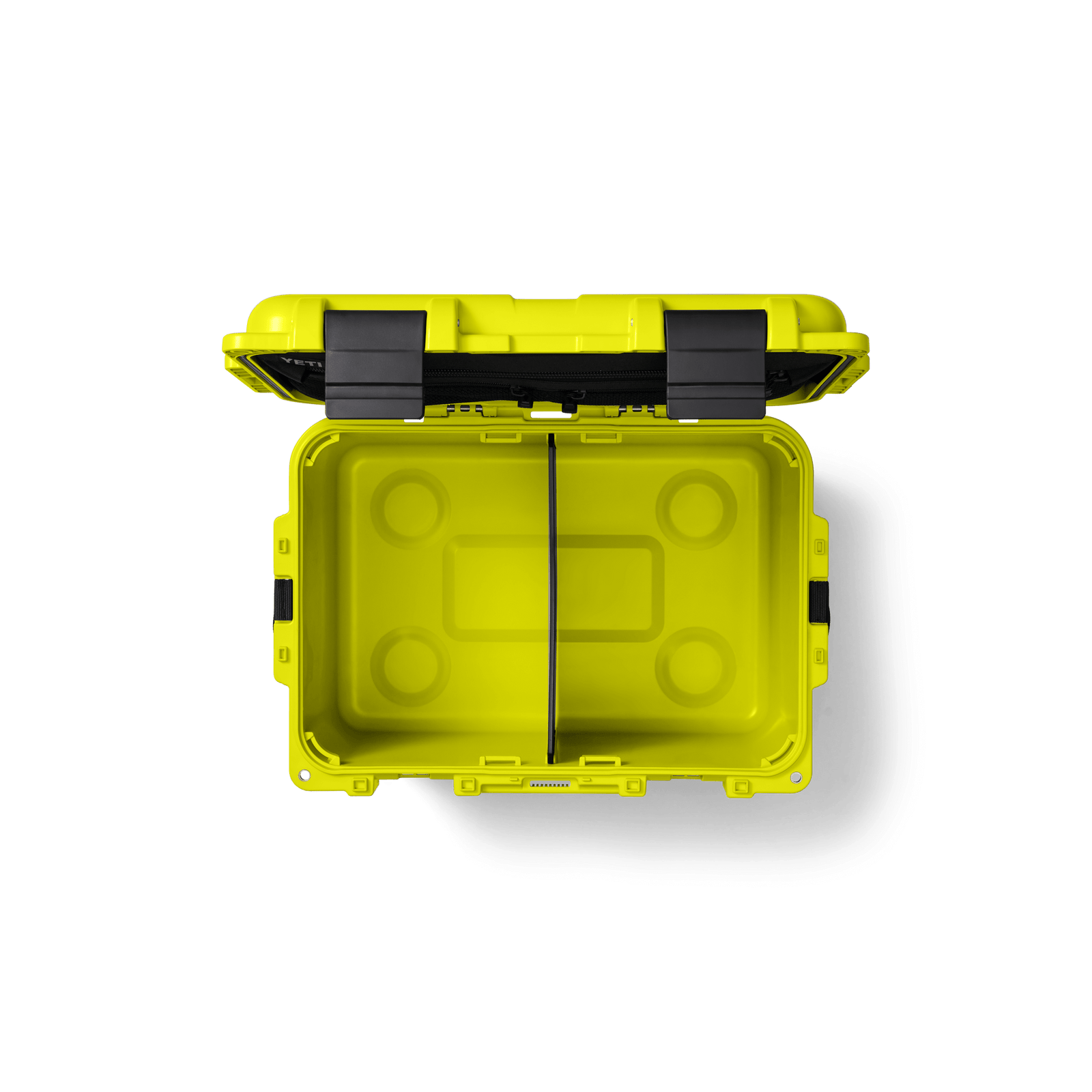Eine YETI® LoadOut GoBox 30 in Firefly Yellow zeigt bei geöffnetem Deckel einen leeren Innenraum, der durch eine zentrale Trennwand unterteilt ist. Der Koffer hat schwarze Verschlüsse und abgerundete Ecken - ideal für jedes Outdoor-Abenteuer - vor einem weißen Hintergrund.
