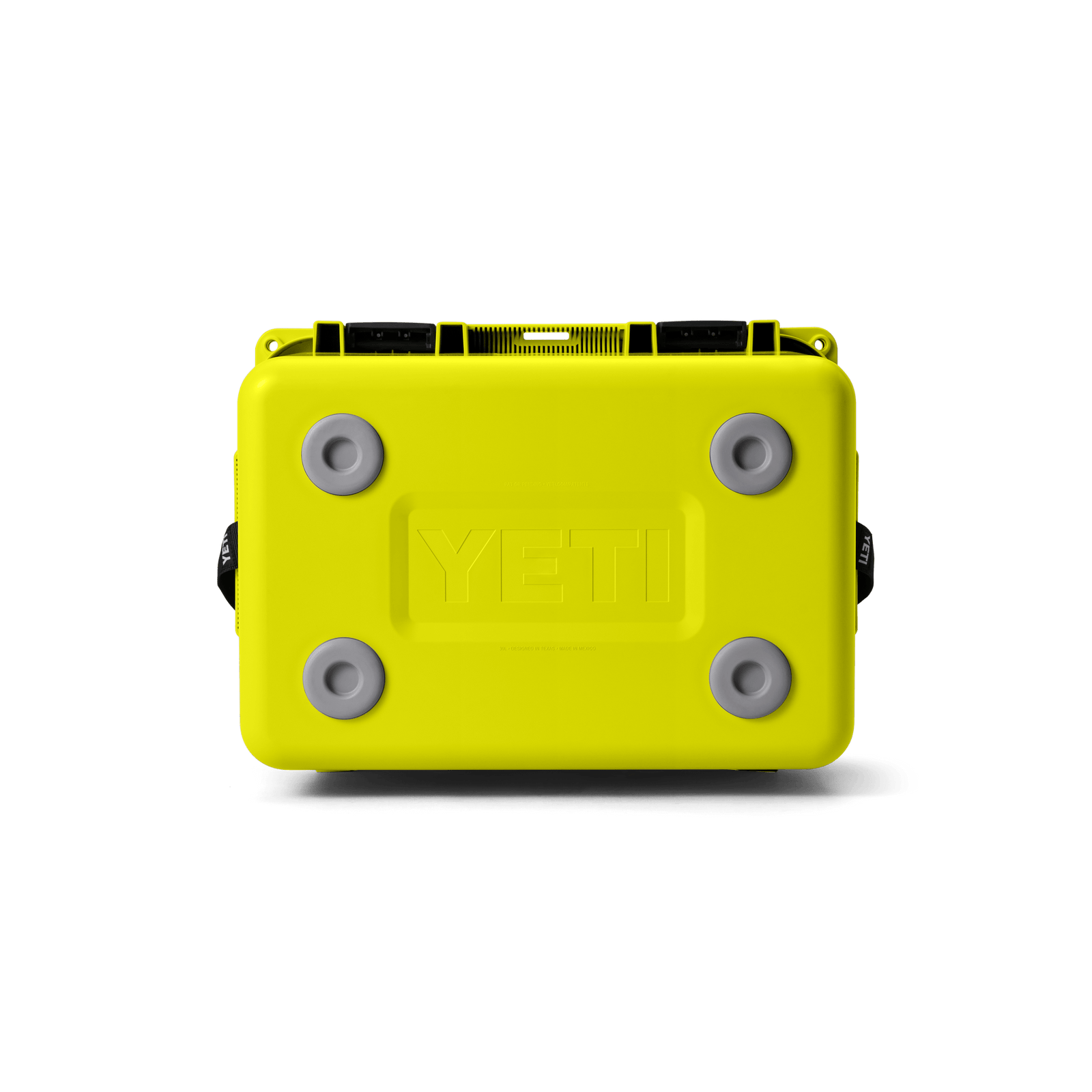 Eine YETI® LoadOut GoBox 30 in Firefly Yellow liegt auf dem Rücken und zeigt vier graue Füße und ein erhabenes YETI-Logo, bereit für jedes Outdoor-Abenteuer vor einem schlichten weißen Hintergrund.