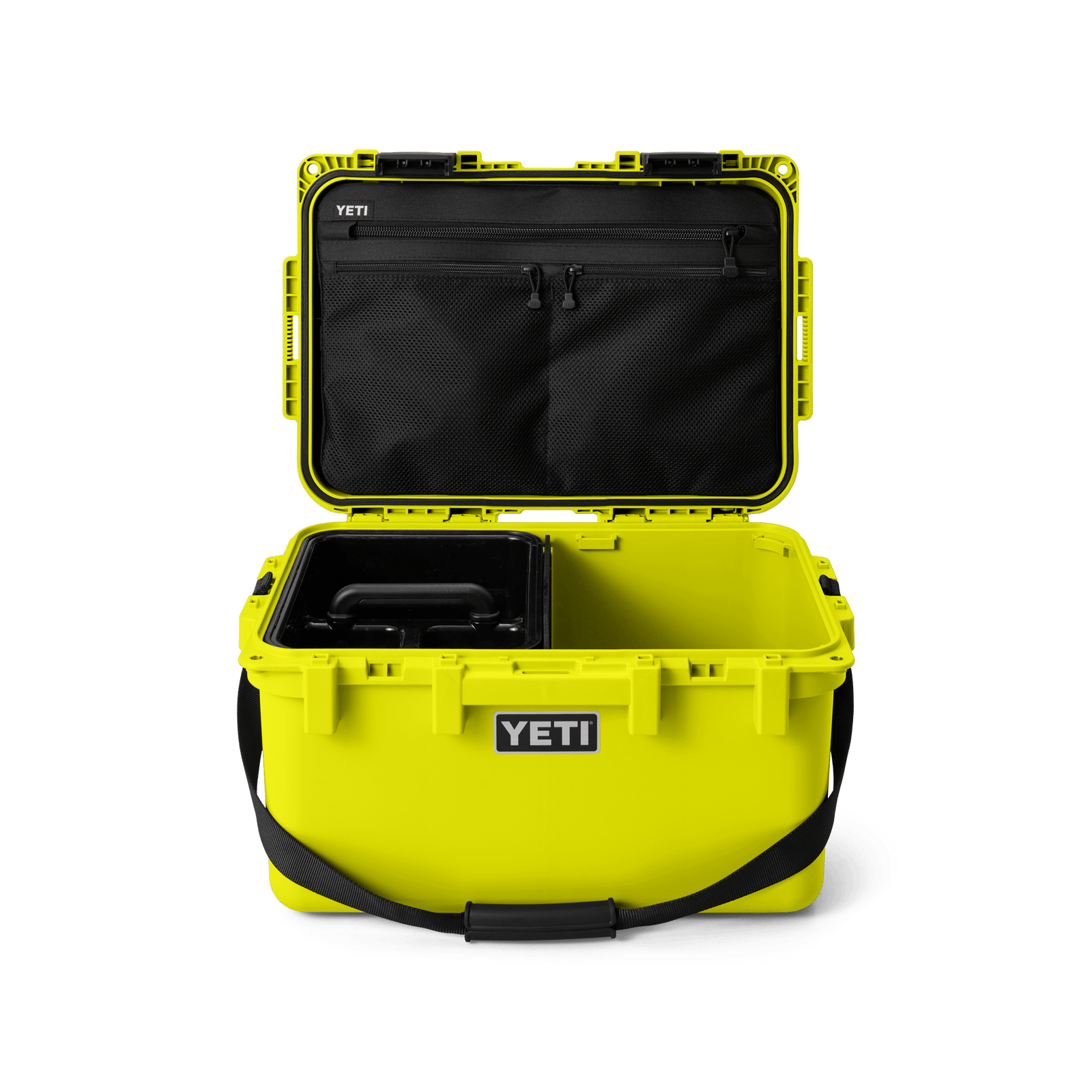 Die YETI® LoadOut GoBox 30 in Firefly Yellow verfügt über schwarze Innenfächer, Netztaschen, einen Schultergurt und ein markantes YETI-Logo auf der Vorderseite - ideal für Outdoor-Abenteuer.
