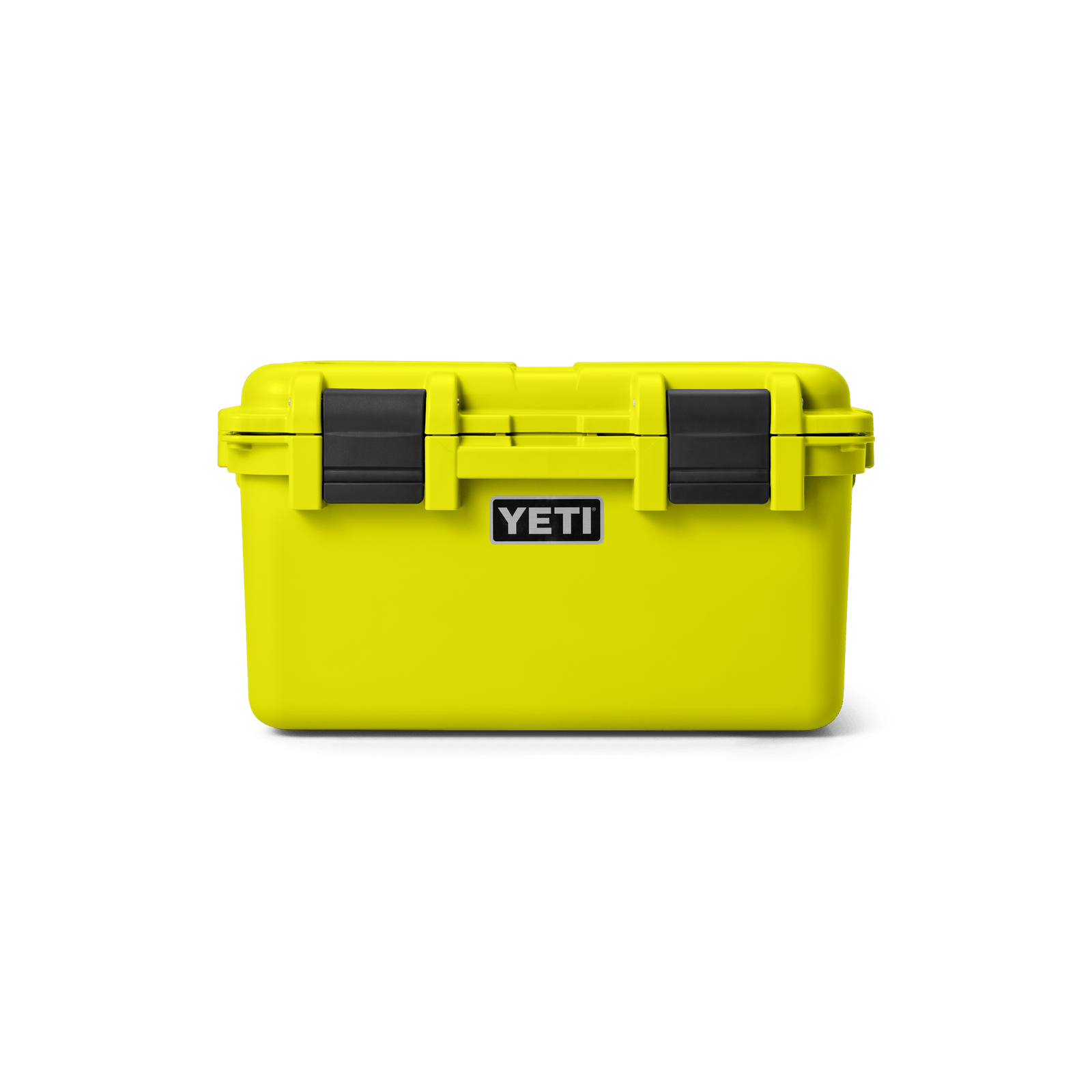 Die YETI® LoadOut GoBox 30 in Firefly Yellow mit schwarzen Verschlüssen und einem auffälligen YETI-Logo ist ideal für alle Ihre Outdoor-Abenteuer; hier abgebildet auf einem sauberen weißen Hintergrund.