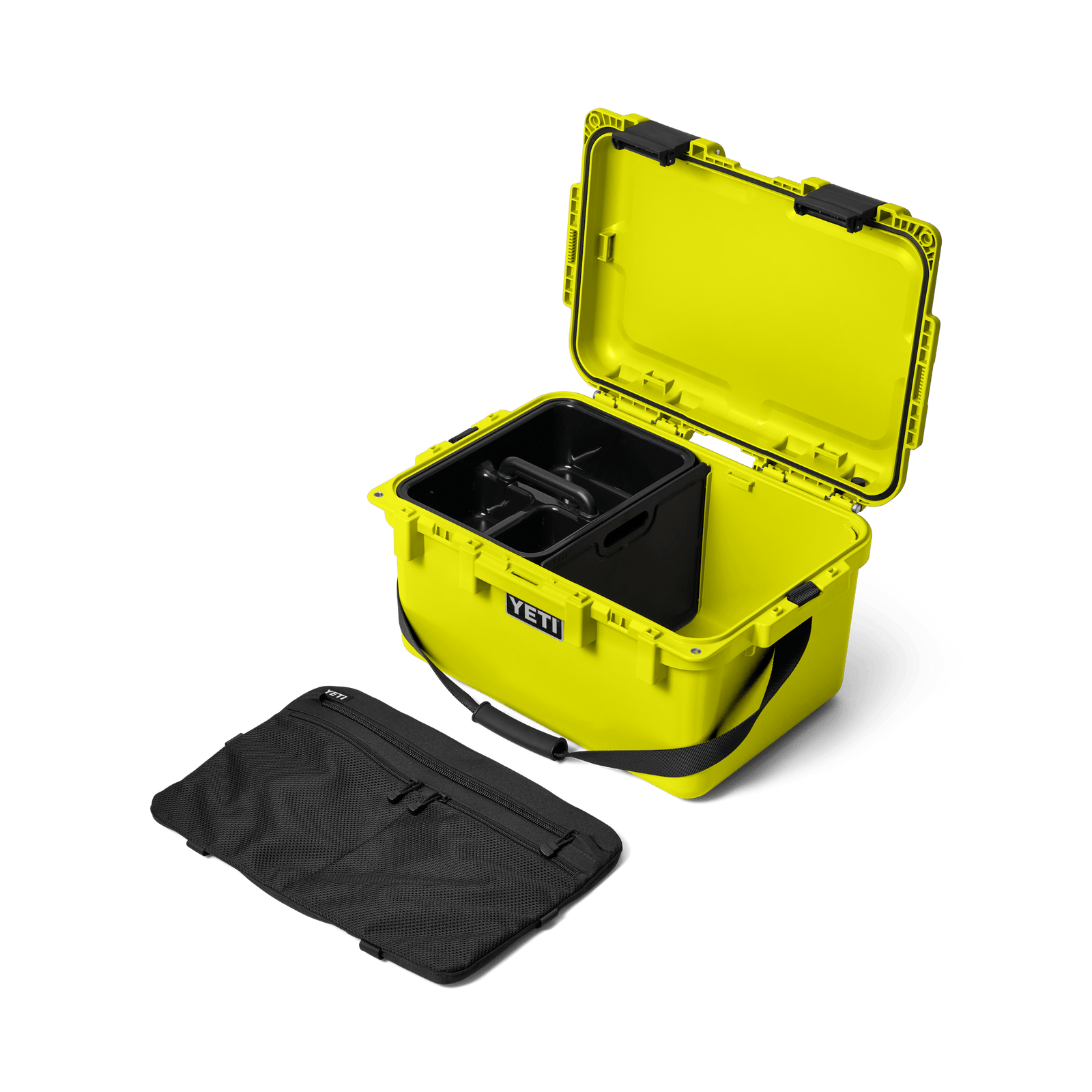 Die YETI® LoadOut GoBox 30 in Firefly Yellow steht offen auf einem weißen Hintergrund und zeigt ihren schwarzen, herausnehmbaren Organizer und eine schwarze Reißverschlusstasche auf der Vorderseite - ideal für jedes Outdoor-Abenteuer.