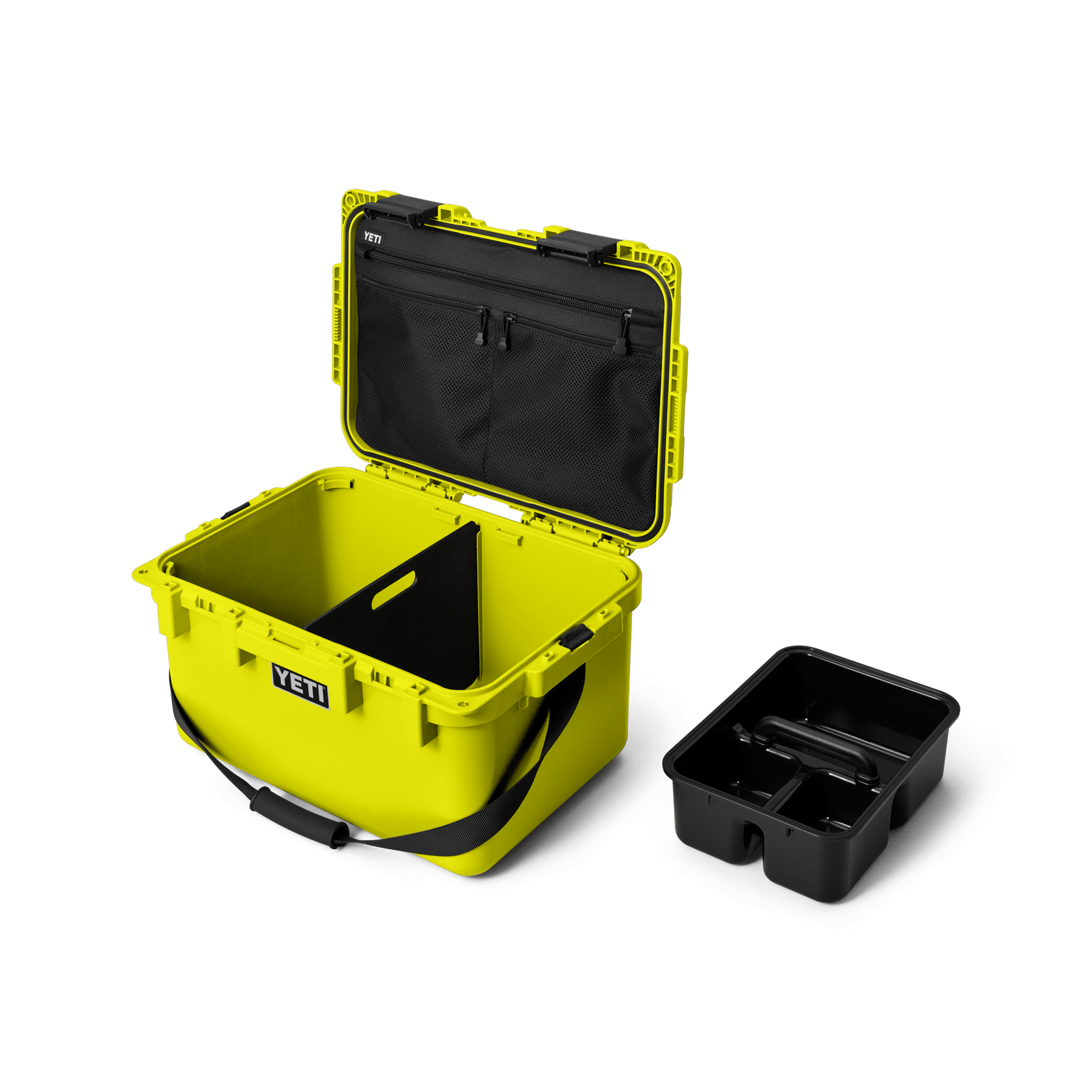 Die YETI® LoadOut GoBox 30 in Firefly Yellow verfügt über einen offenen Deckel, eine Innentasche mit Reißverschluss, eine herausnehmbare Trennwand und ein separates schwarzes Fach mit Fächern - ideal für jedes Outdoor-Abenteuer.