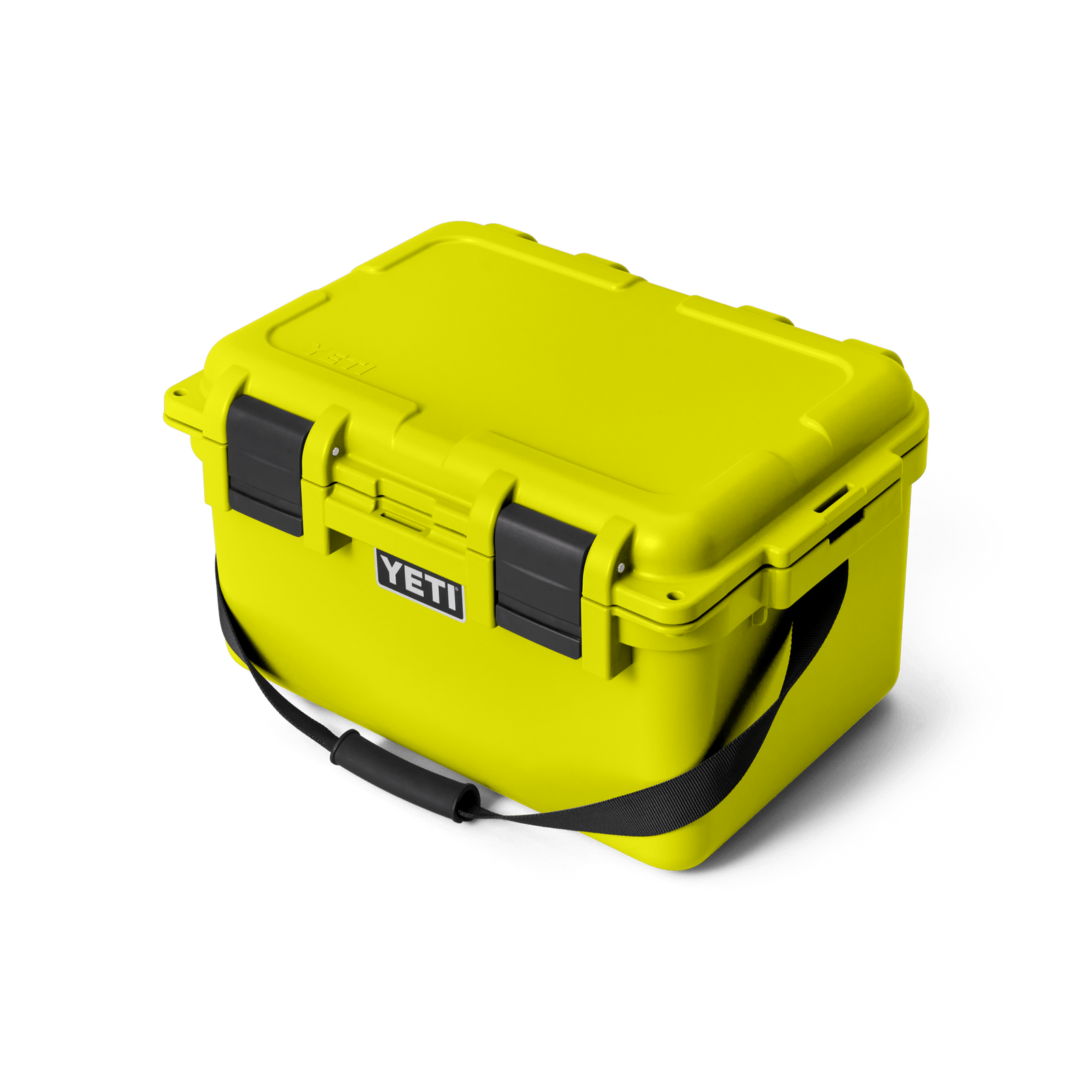 Die YETI® LoadOut GoBox 30 in Firefly Yellow ist mit zwei schwarzen Verschlüssen und einem schwarzen Gurt ausgestattet und damit ideal für Outdoor-Abenteuer. Abgebildet vor einem schlichten weißen Hintergrund.