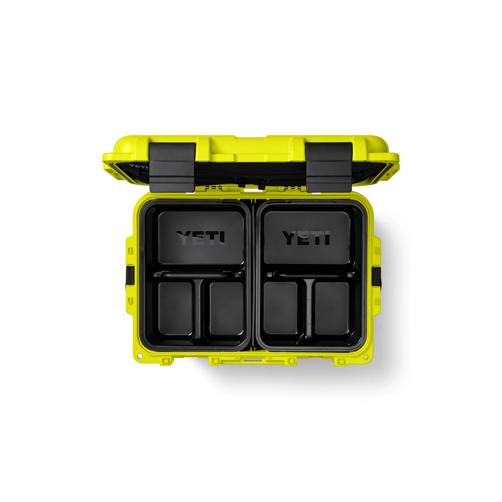Die leuchtende YETI® LoadOut GoBox 30 in Firefly Yellow ist offen, mit zwei schwarzen Fächern und mehreren Fächern - perfekt für jedes Outdoor-Abenteuer - vor einem weißen Hintergrund.