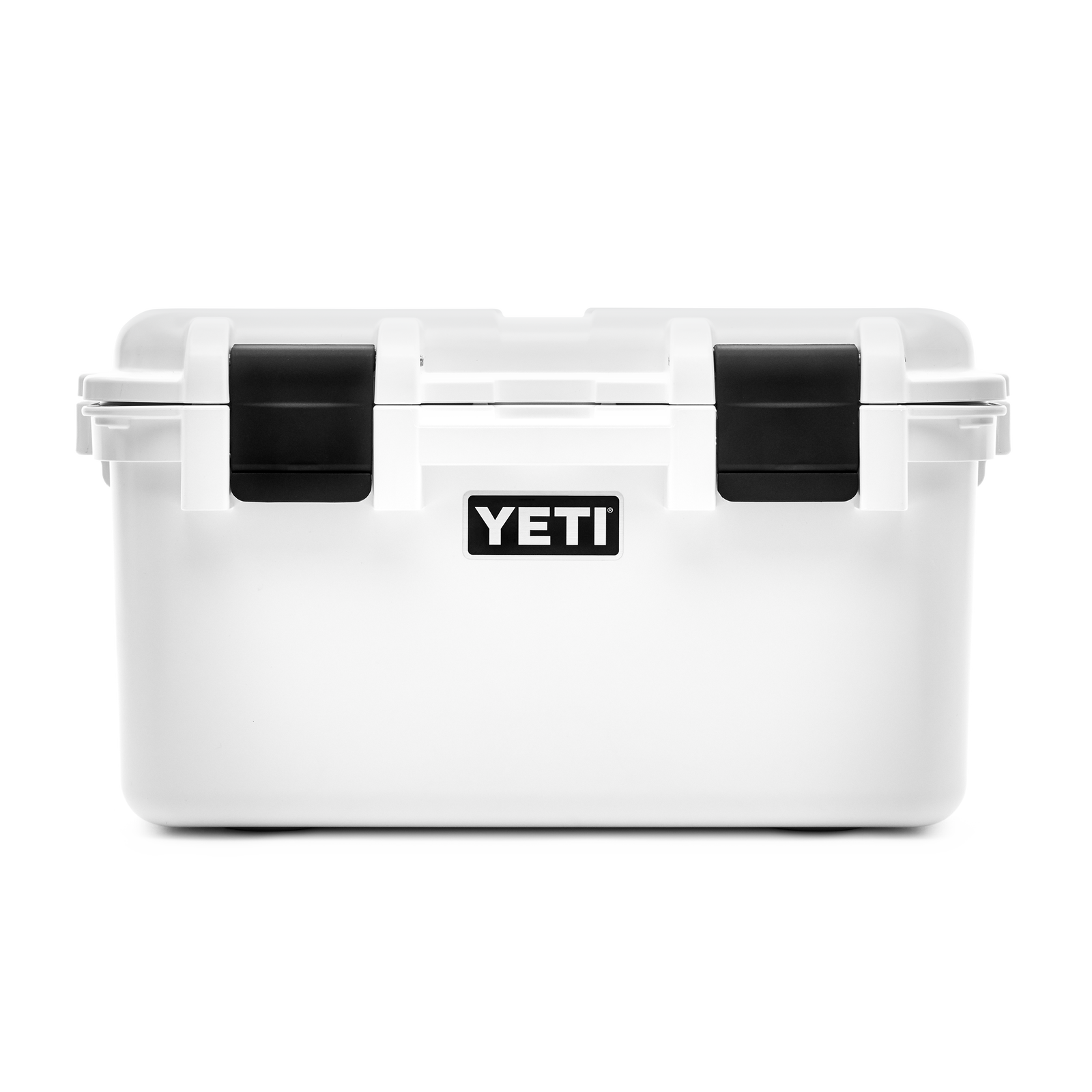 Die YETI® LoadOut GoBox 30 in Weiß, mit schwarzen Verschlüssen und dem YETI-Logo auf der Vorderseite, wird vor einem schlichten weißen Hintergrund präsentiert.