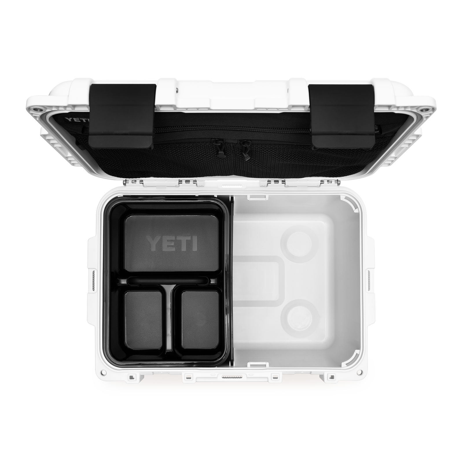Draufsicht auf die geöffnete YETI® LoadOut GoBox 30 - White, mit schwarzen Fächern und einer Netztasche mit Reißverschluss - ideal als vielseitige Aufbewahrungsbox für Ihre Ausrüstung.