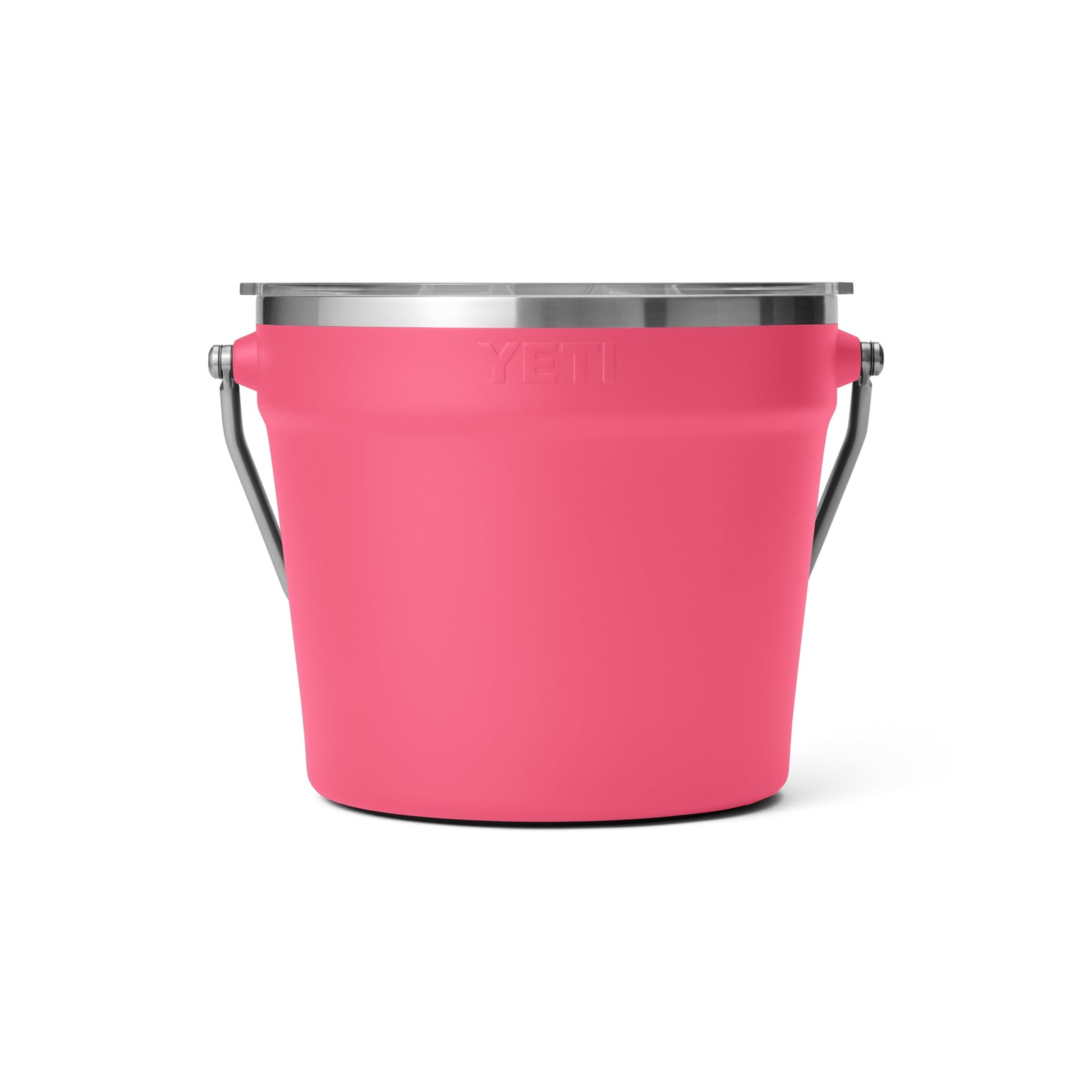 Der YETI® Rambler® 7,6-Liter-Getränkekübel in Tropical Pink, aus Edelstahl mit Metallgriff, ist auf weißem Hintergrund abgebildet.