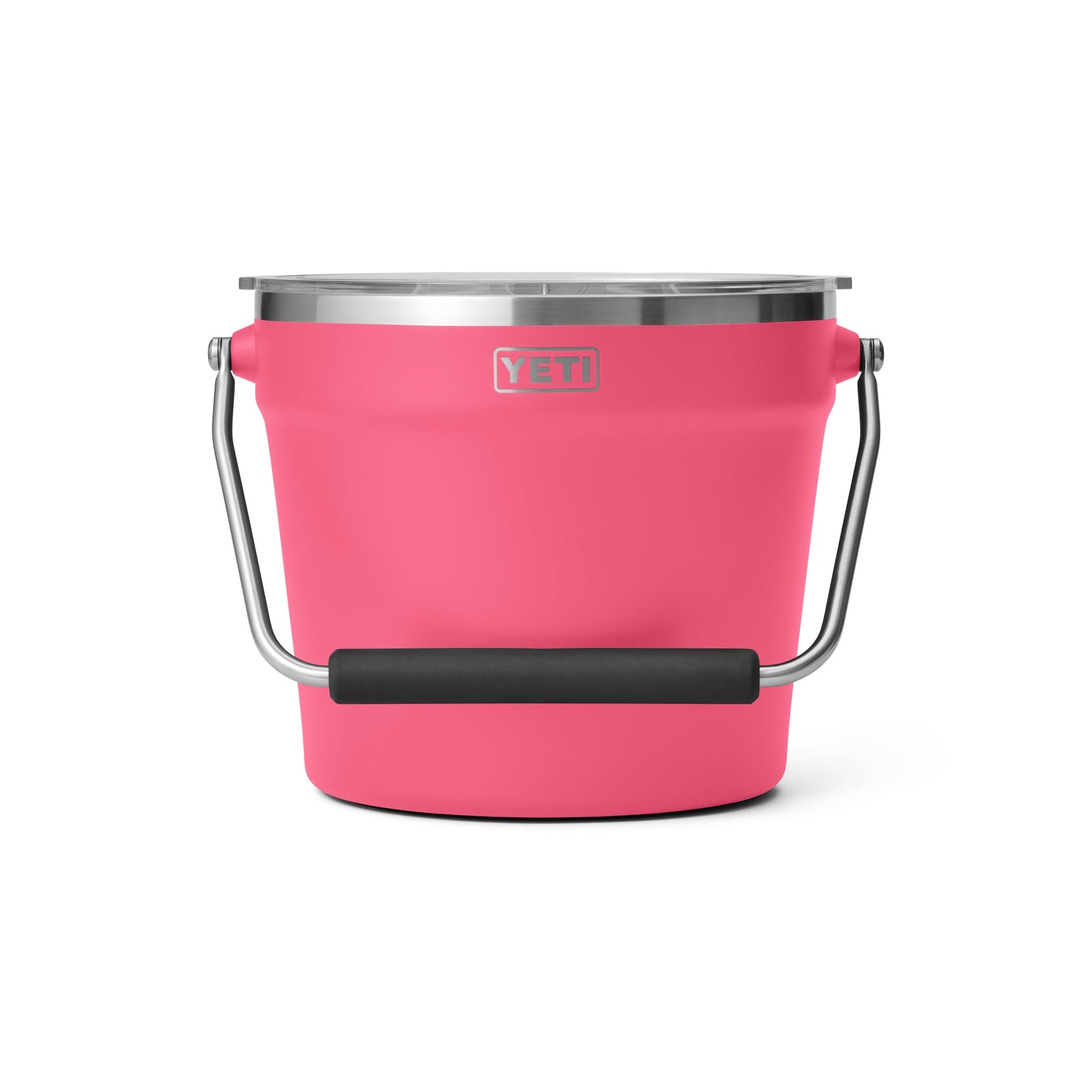 Der YETI® Rambler® 7,6-Liter-Getränkekübel in Tropical Pink mit silbernem Rand und stabilem Metallhenkel mit schwarzem Griff ist auf weißem Hintergrund abgebildet - perfekt für einen stilvollen Getränkekühler.