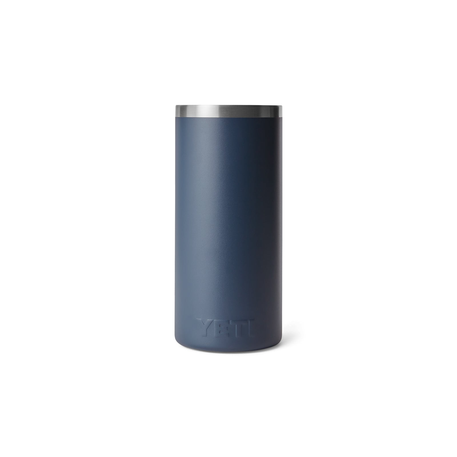 Der YETI® Rambler® Weinkühler - Navy, ein Edelstahlbecher mit doppelwandiger Vakuumisolierung und silbernem Rand, steht aufrecht auf weißem Hintergrund.