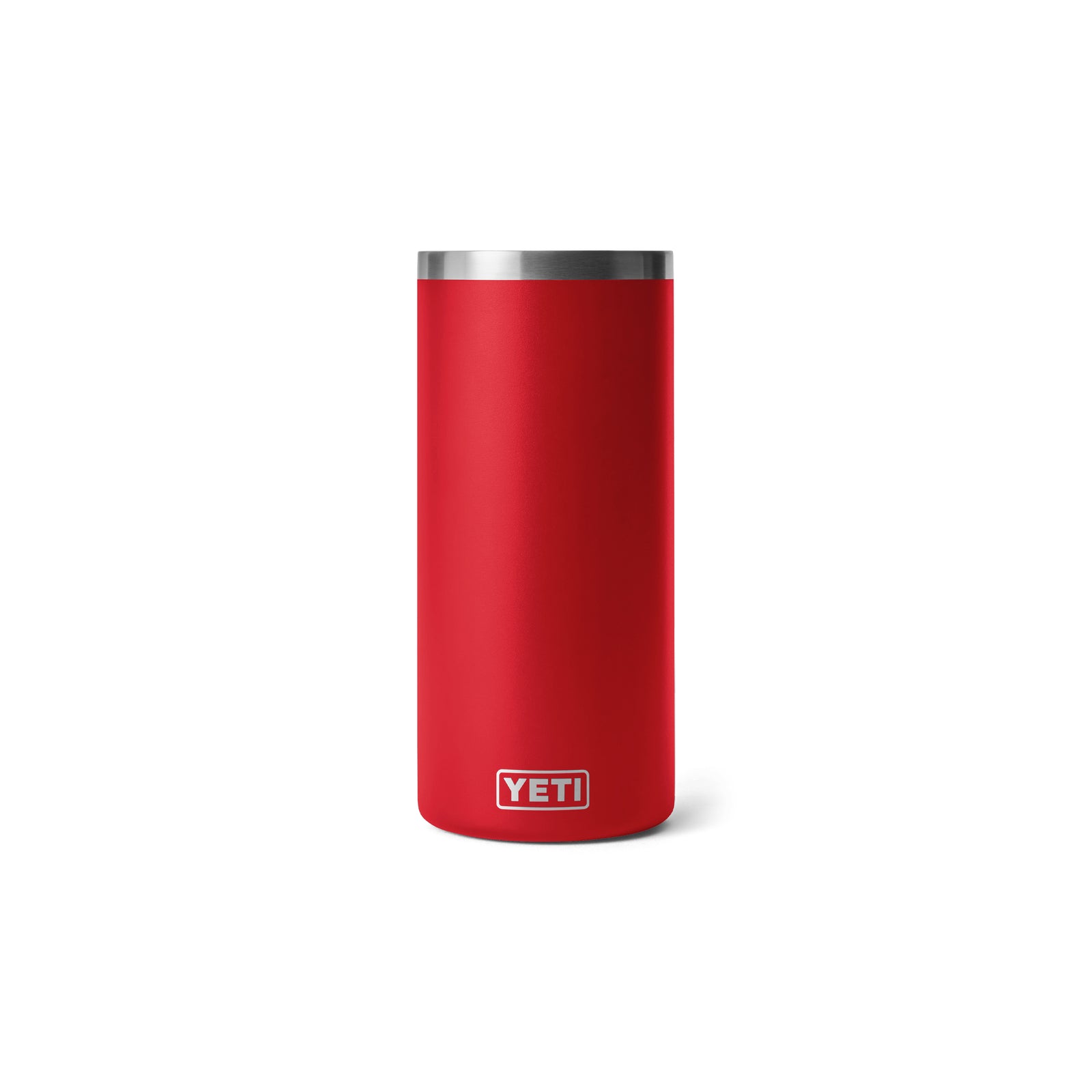 Ein YETI® Rambler® Weinkühler - Rescue Red steht zentriert auf weißem Hintergrund. Das YETI Logo ist nahe dem Boden des Edelstahl-Weinkühlers gut sichtbar.