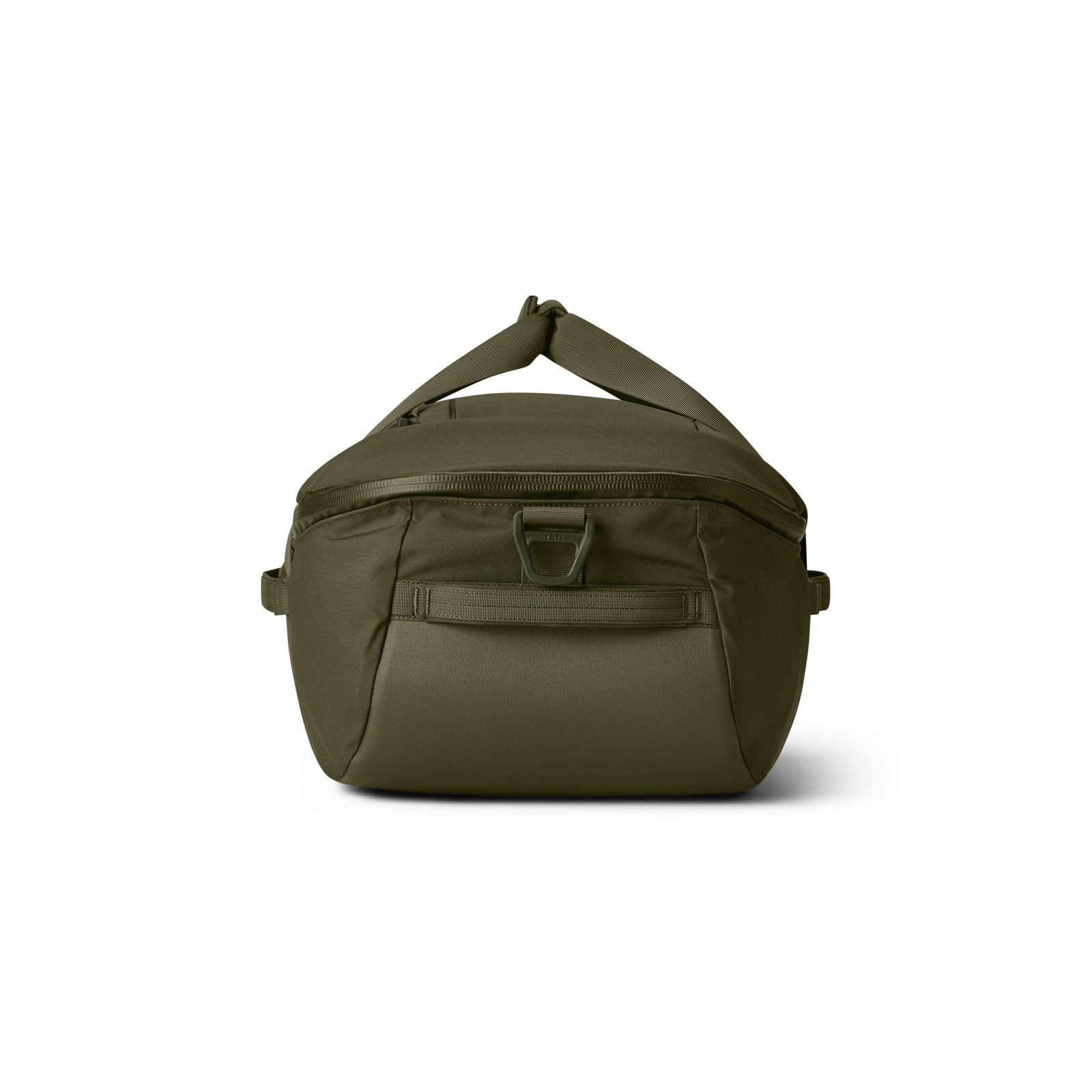 Die YETI® Reisetasche Crossroads® 40L - Olive ist eine Reisetasche aus TuffSkin-Nylon mit einem Griff an der Oberseite, einer Reißverschlusstasche auf der Vorderseite und einem rechteckigen Design auf weißem Hintergrund.