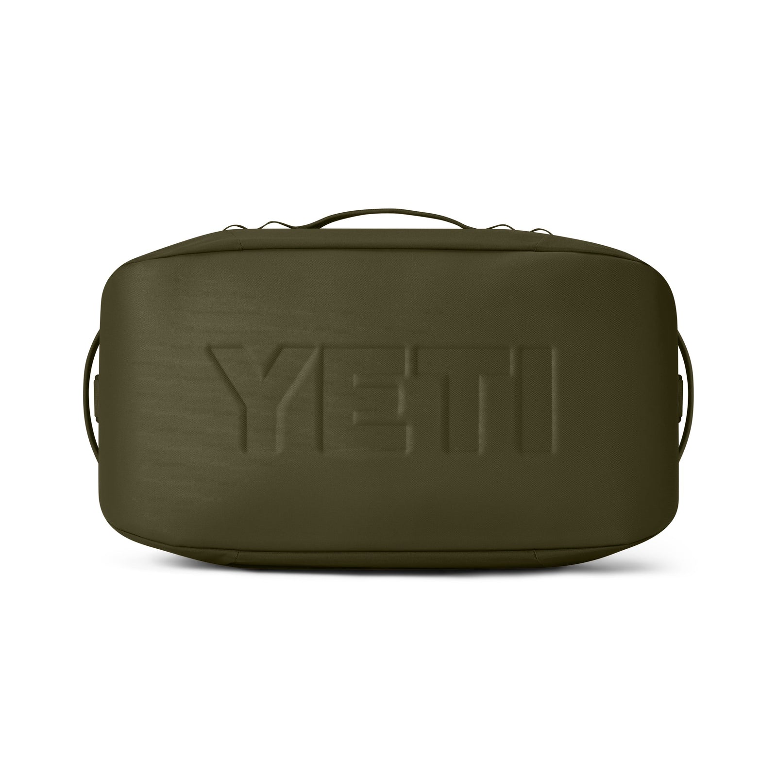 Die YETI® Reisetasche Crossroads® 40L - Olive ist eine grüne, rechteckige Tasche mit einem Griff an der Oberseite und geprägtem YETI-Logo aus strapazierfähigem TuffSkin-Nylon auf einem weißen Hintergrund.