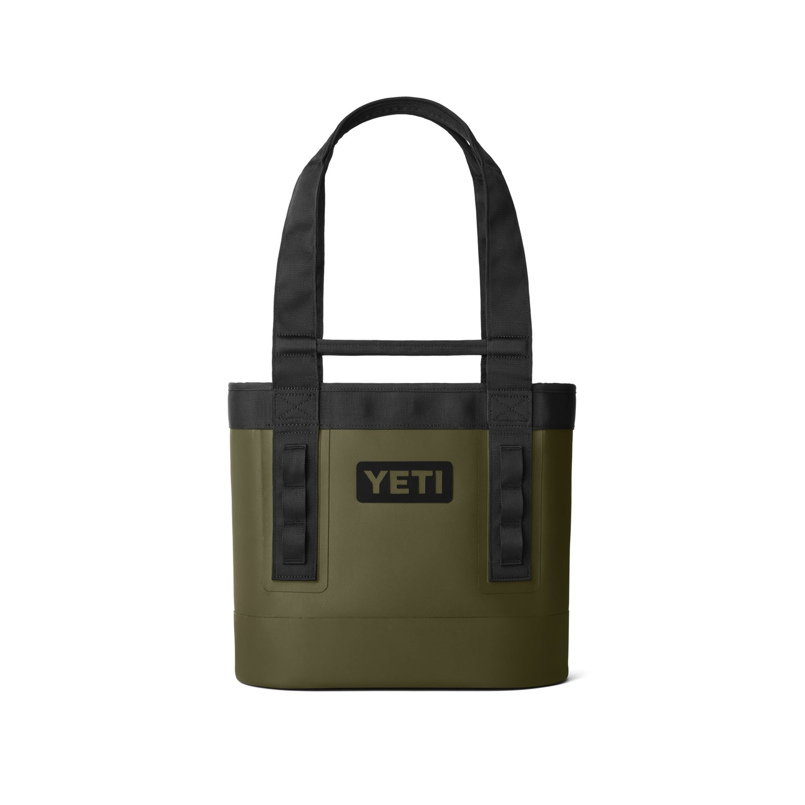 Die YETI® Tragetasche Camino® Carryall 20 - Olive zeichnet sich durch robuste Griffe, eine rechteckige Form und das ikonische YETI-Logo aus. Diese wasserdichte Tasche bietet ein robustes, strukturiertes Design für den sicheren Transport Ihrer Essentials.