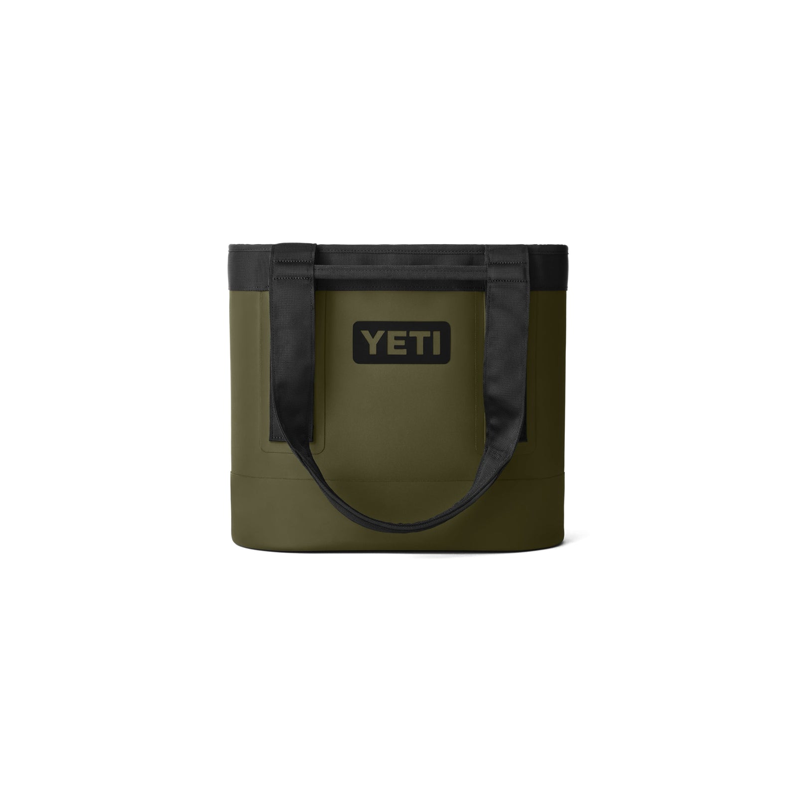 Die YETI® Tragetasche Camino® Carryall 20 in Olive ist aufrecht vor weißem Hintergrund abgebildet, mit zwei schwarzen Schulterriemen und dem markanten YETI-Logo auf der Vorderseite dieser wasserdichten Tasche.