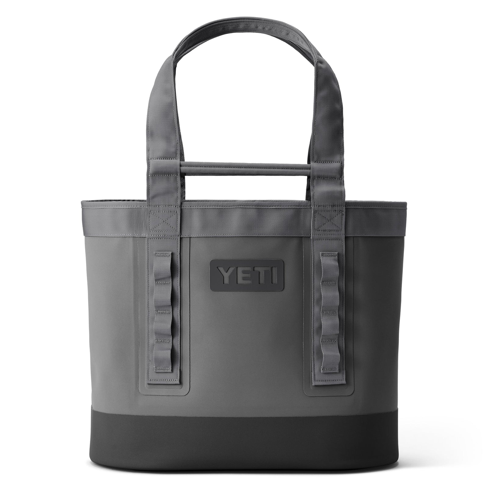 Die YETI® Tragetasche Camino® Carryall 35 in Storm Grey verfügt über verstärkte Griffe, vertikale Schlaufen an der Vorderseite, einen rechteckigen YETI-Logoaufnäher und einen stabilen schwarzen Boden für Haltbarkeit und Stil.