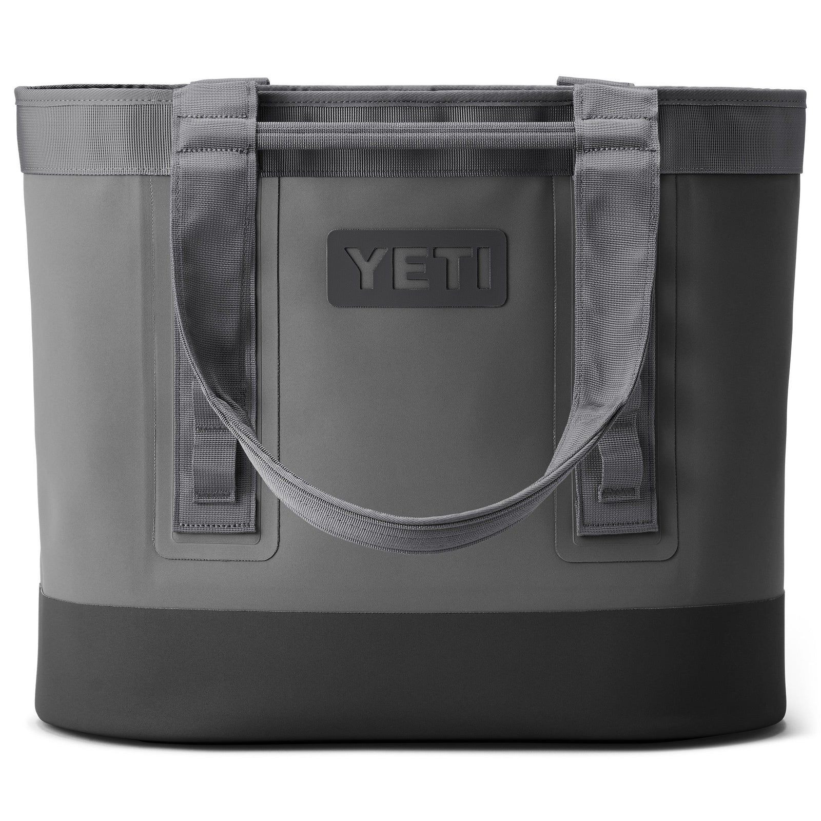 Die YETI® Tragetasche Camino® Carryall 35 in Storm Grey ist robust, rechteckig, mit stabilen Griffen und dunklem Boden. Mit YETI-Logo vorne eignet sie sich perfekt als wasserdichte Allzwecktasche.