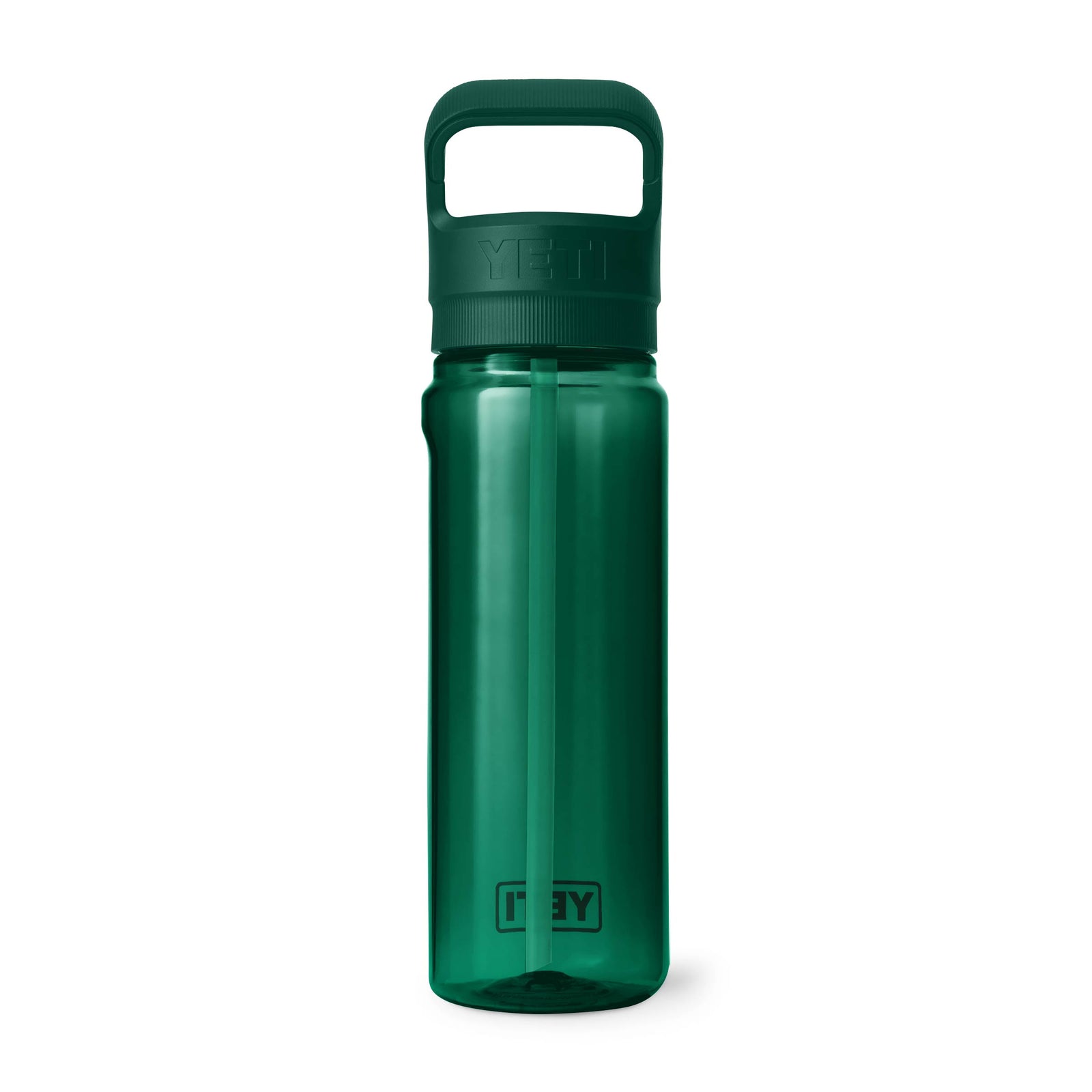 Die YETI® Yonder™ 750ml Straw Wasserflasche in Black Forest Green mit Schraubdeckel und robustem Griff steht aufrecht vor weißem Hintergrund - die ideale nachhaltige Begleiterin für unterwegs.