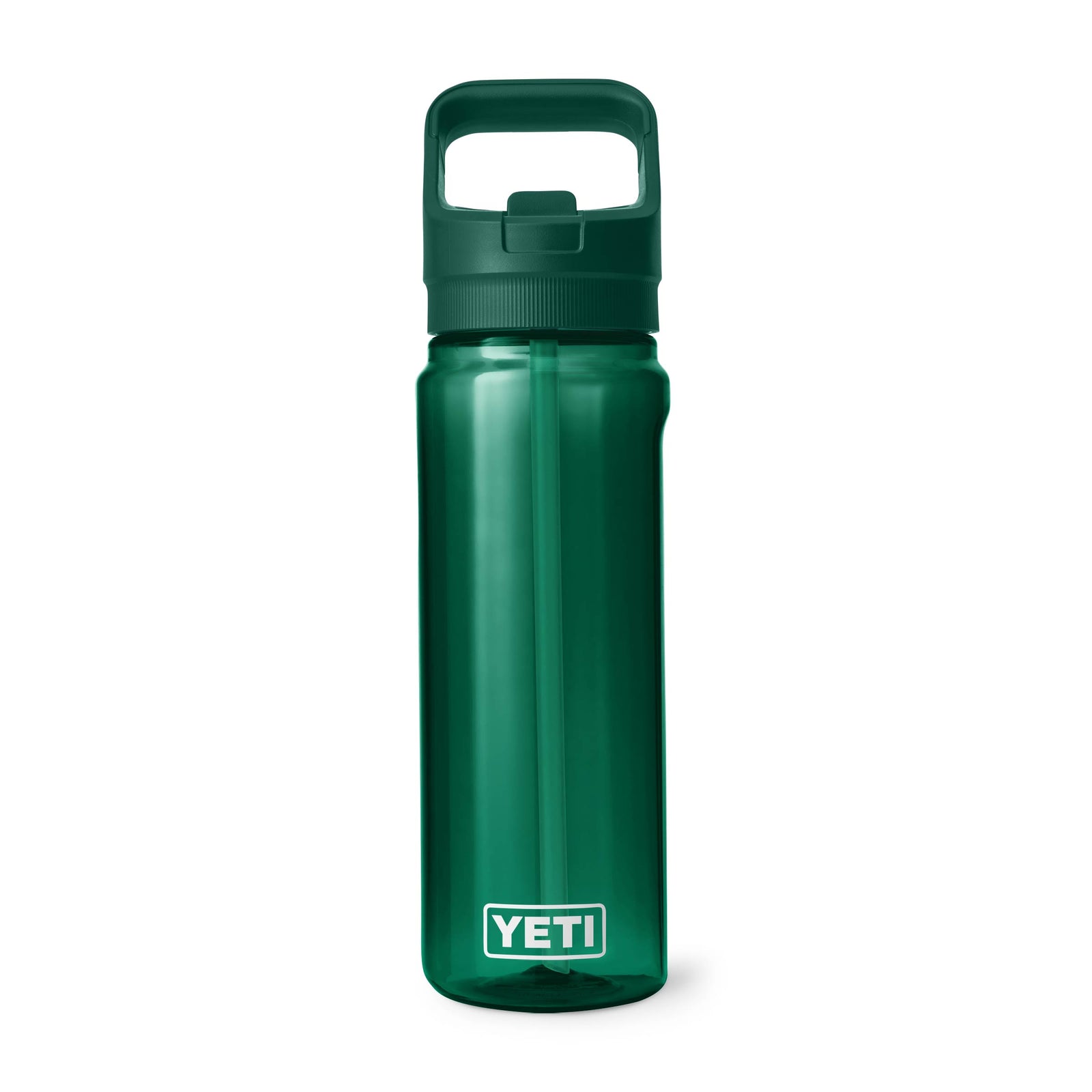 Die YETI® Yonder™ 750ml Straw Wasserflasche in Black Forest Green steht aufrecht vor weißem Hintergrund. Das YETI-Logo ist am unteren Rand sichtbar - die nachhaltige Flasche mit praktischem Strohhalm, ideal für unterwegs.