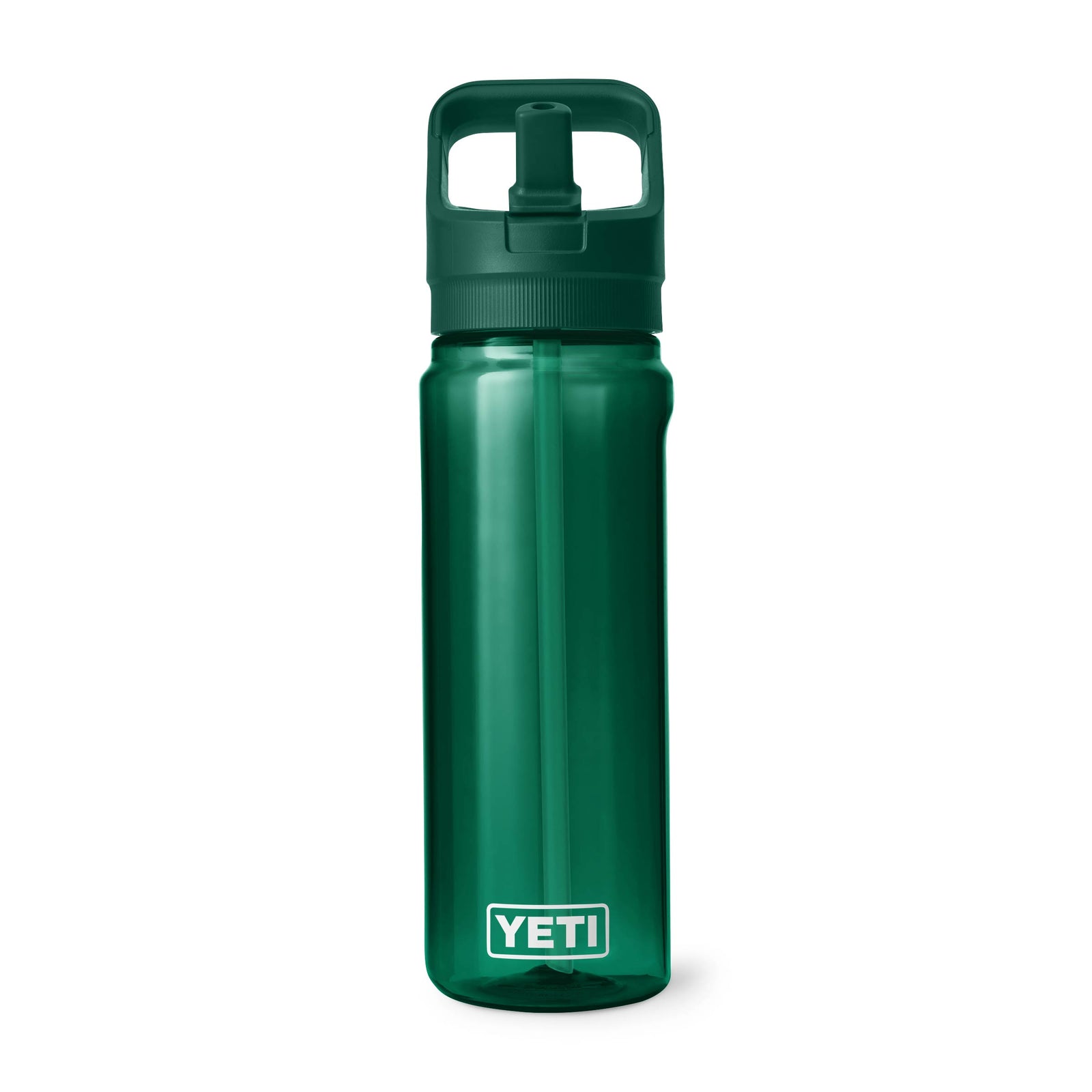 Die YETI® Yonder™ 750ml Strohhalm-Wasserflasche in Schwarzwaldgrün steht aufrecht vor einem weißen Hintergrund und verfügt über einen Schraubdeckel, einen integrierten Griff und einen Strohhalm - eine nachhaltige Trinkflasche, die ideal für die tägliche Flüssigkeitszufuhr ist.