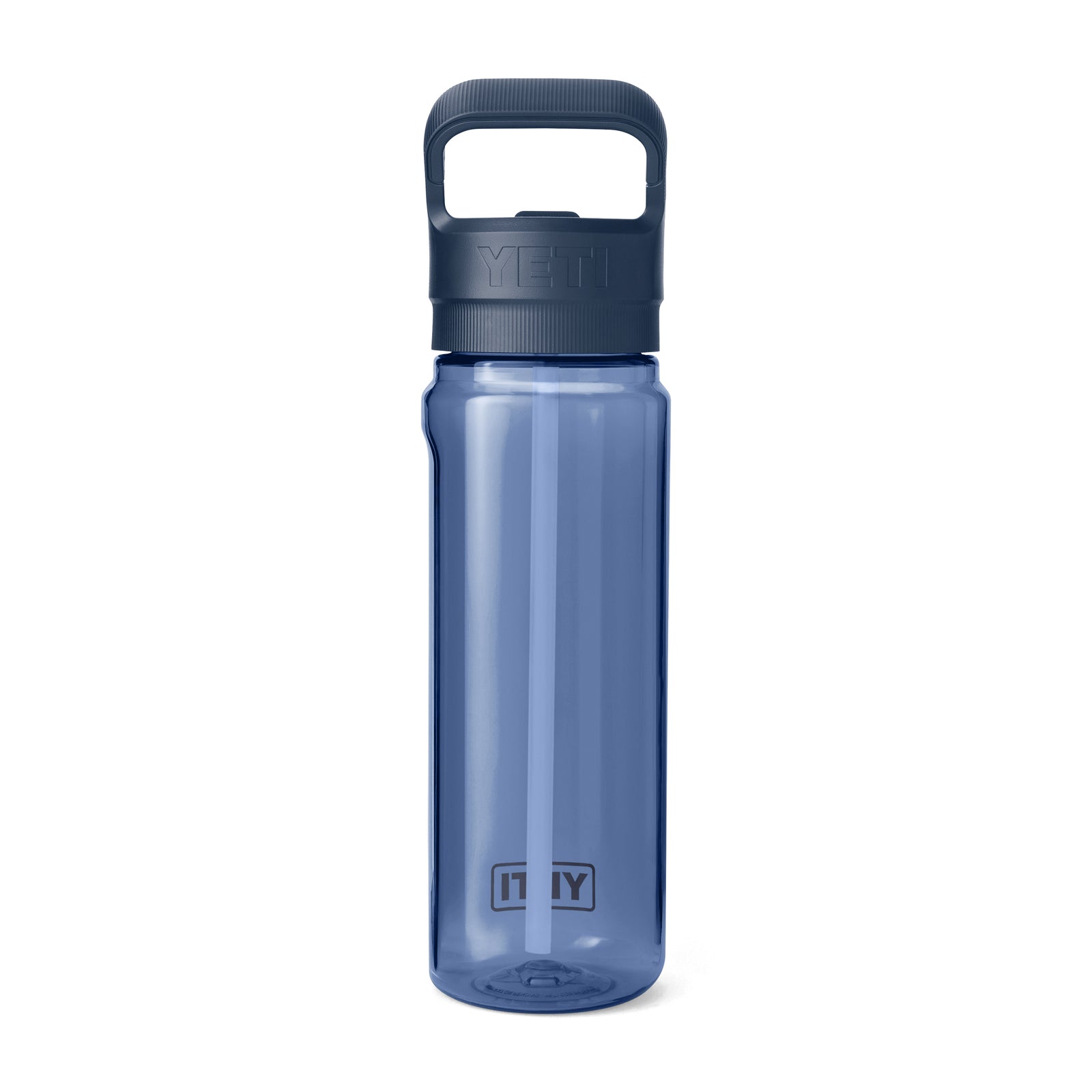 Die YETI® Yonder™ 750ml Straw Wasserflasche - Navy ist eine durchscheinend blaue, BPA-freie, auslaufsichere Flasche mit dunkelblauem Schraubdeckel und stabilem Griff, aufrecht vor weißem Hintergrund abgebildet.