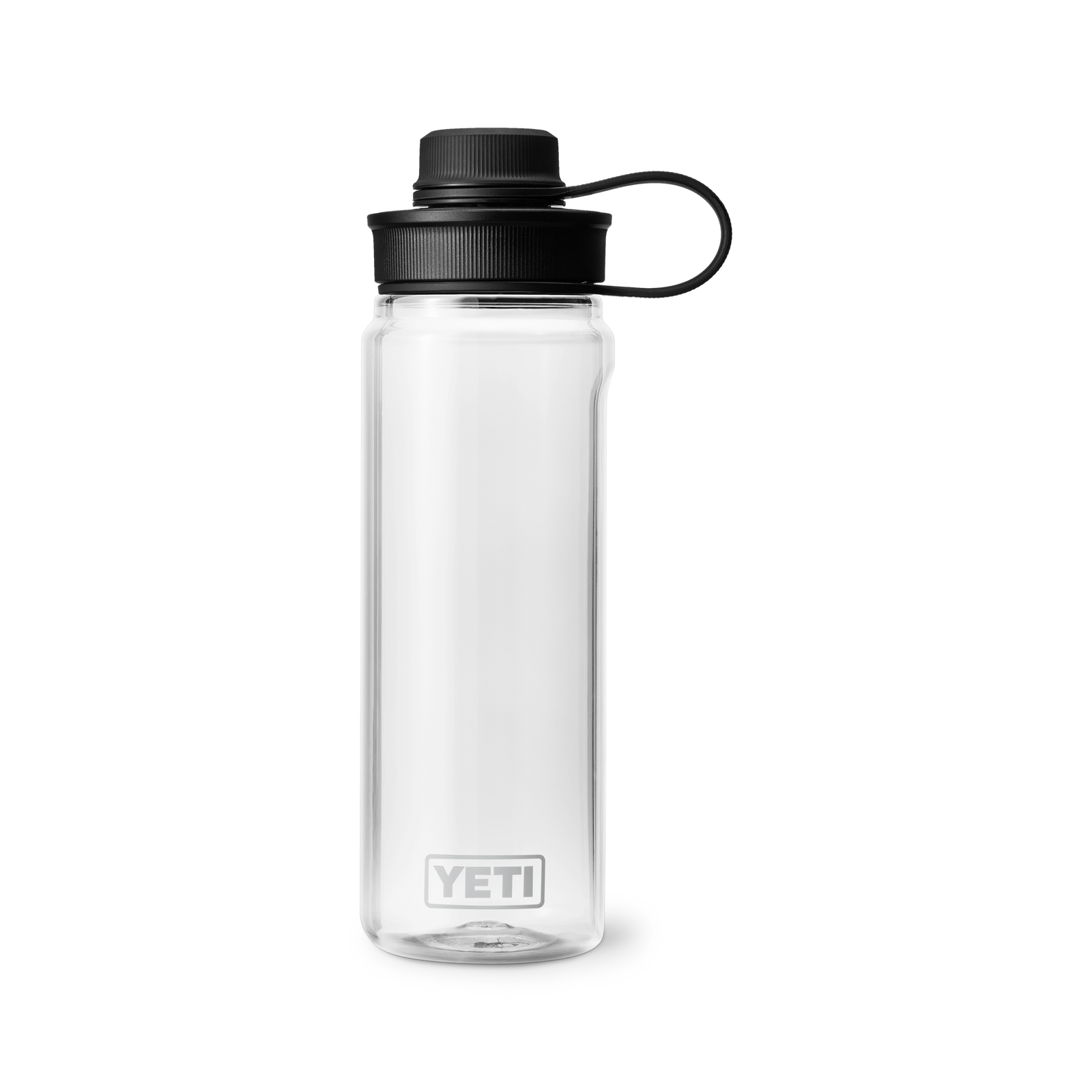 Die YETI® Yonder™ 750ml Wasserflasche - Clear, eine BPA-freie Flasche mit schwarzem Schraubdeckel und Trageschlaufe, steht aufrecht vor weißem Hintergrund.