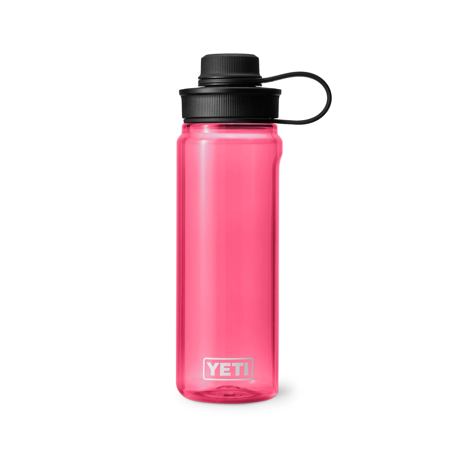 Eine tropisch pinke YETI® Yonder™ 750ml Wasserflasche, BPA-frei, mit schwarzem Schraubdeckel und flexiblem Tragegriff steht aufrecht vor weißem Hintergrund.