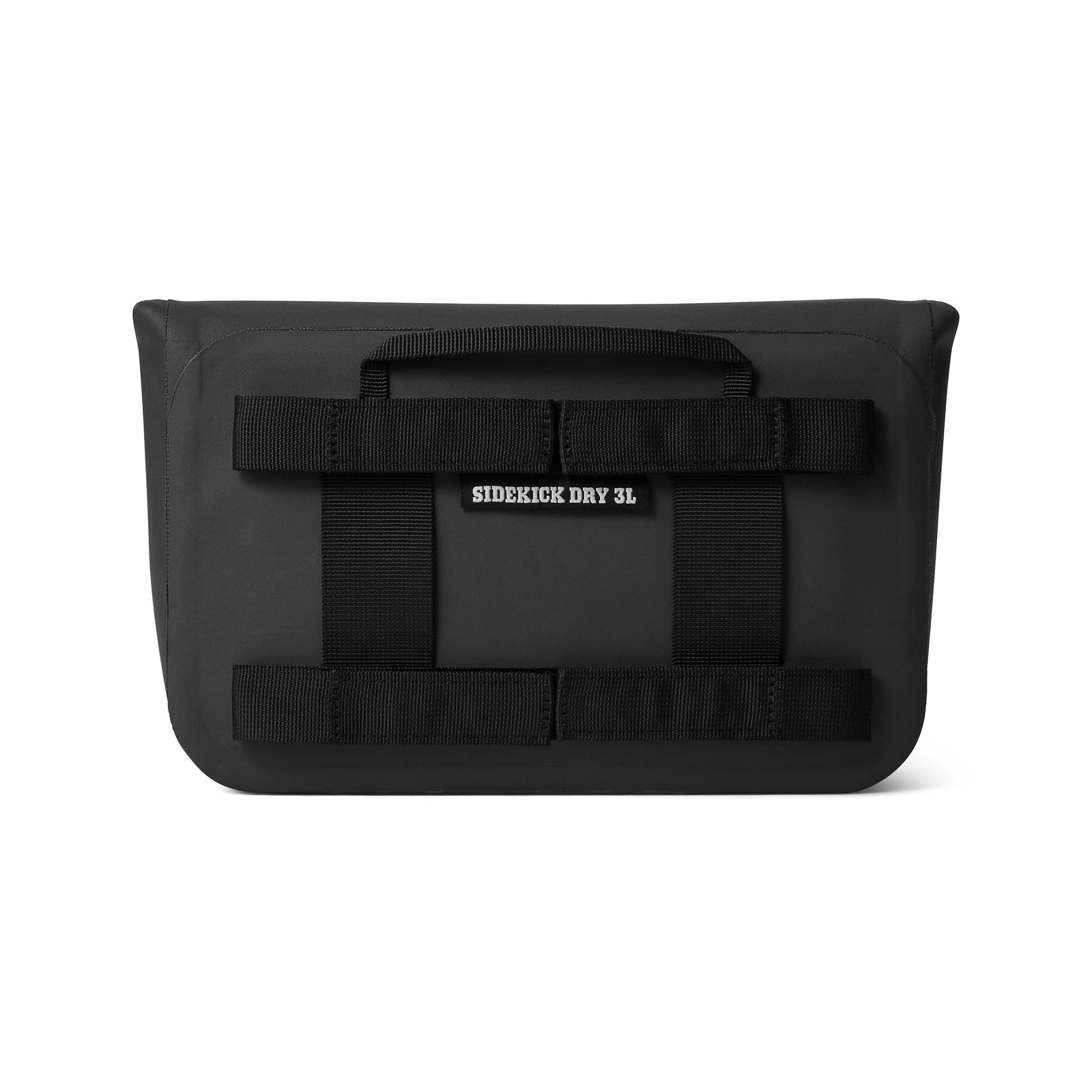 Die YETI® Zubehörtasche - Sidekick® 3L in Schwarz ist eine wasserdichte, rechteckige Tasche mit zwei horizontalen Frontgurten und einem Griff - perfekt für Reisen oder Outdoor-Abenteuer.