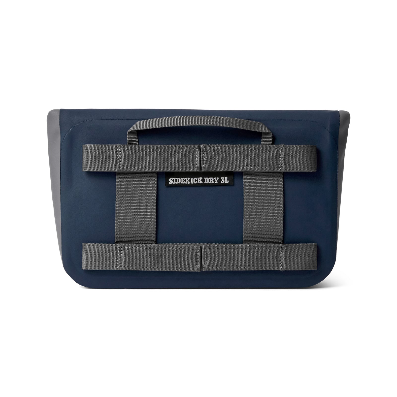 Die YETI® Zubehörtasche - Sidekick® 3L in Navy, eine rechteckige, wasserdichte Zubehörtasche mit grauen Trägern, ist für den Transport und den Schutz von kleinen Gegenständen konzipiert und wird vor einem weißen Hintergrund dargestellt.