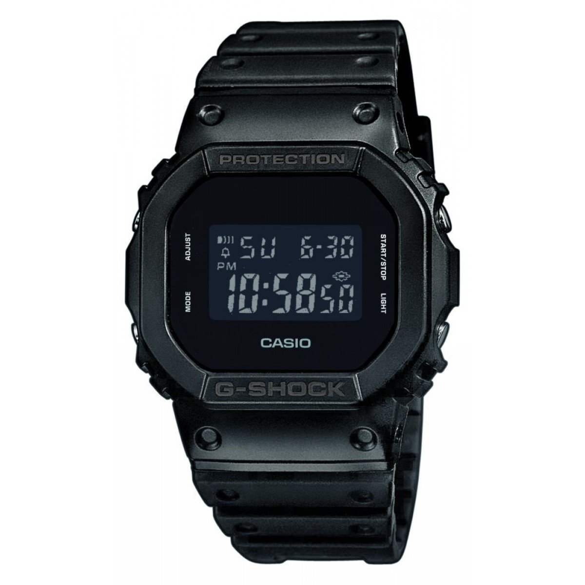 Die schwarze G-SHOCK Uhr von G-SHOCK zeigt auf ihrem rechteckigen Display 10:58:50 an, mit Tages-, Datums- und Funktionsanzeige. Diese stoßfeste Digitaluhr bietet ein langlebiges, robustes Design.