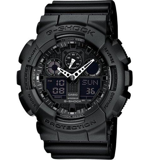 Eine schwarze G-SHOCK Uhr von G-SHOCK mit digitalen und analogen Anzeigen, einem robusten, stoßfesten Design, mehreren Zeit- und Datumsanzeigen, großen Tasten und einem strapazierfähigen Armband.