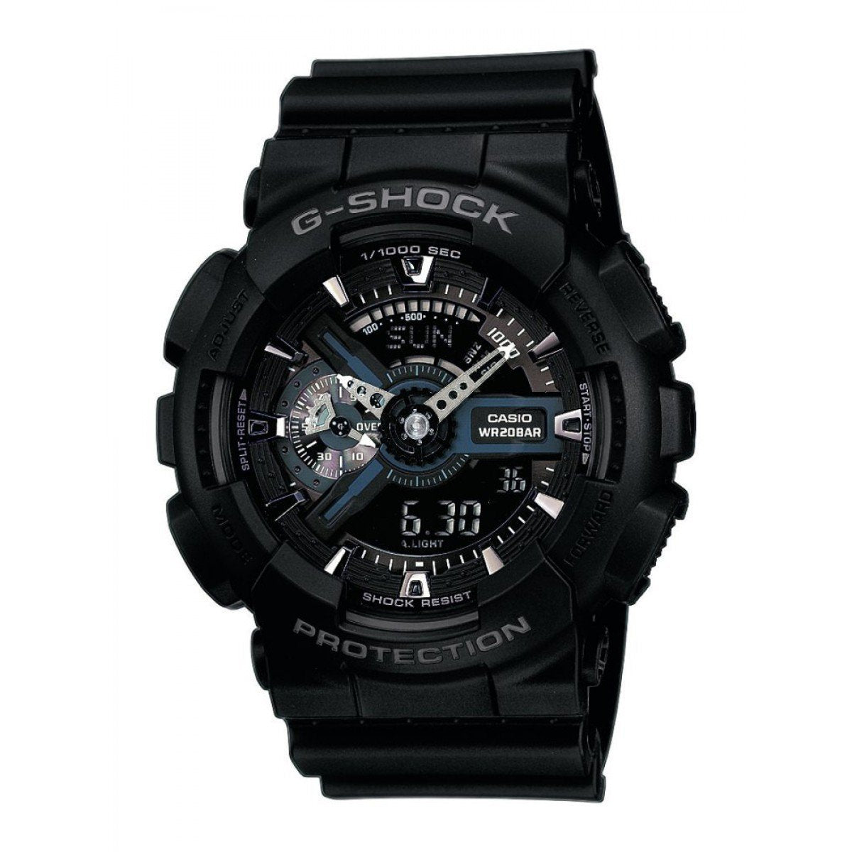 Die G-SHOCK Uhr von G-SHOCK ist eine schwarze, stoßfeste Uhr mit einem robusten Design, analog-digitalen Anzeigen, mehreren Zifferblättern, seitlichen Knöpfen und der WR20BAR-Kennzeichnung auf dem Zifferblatt zusammen mit G-Shock- und Protection-Labels.