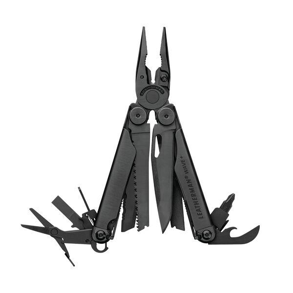 Das LEATHERMAN WAVE PLUS ist ein schwarzes Multitool mit zentraler Zange, erweiterten Werkzeugen wie Säge, Messer, Schraubendreher, Schere, Flaschenöffner und einem austauschbaren Drahtschneider.